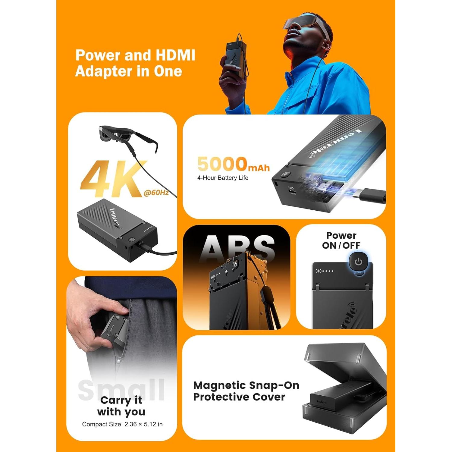 Adaptador HDMI a USB-C Lemorele HD200 4K 60Hz con Batería 5000mAh