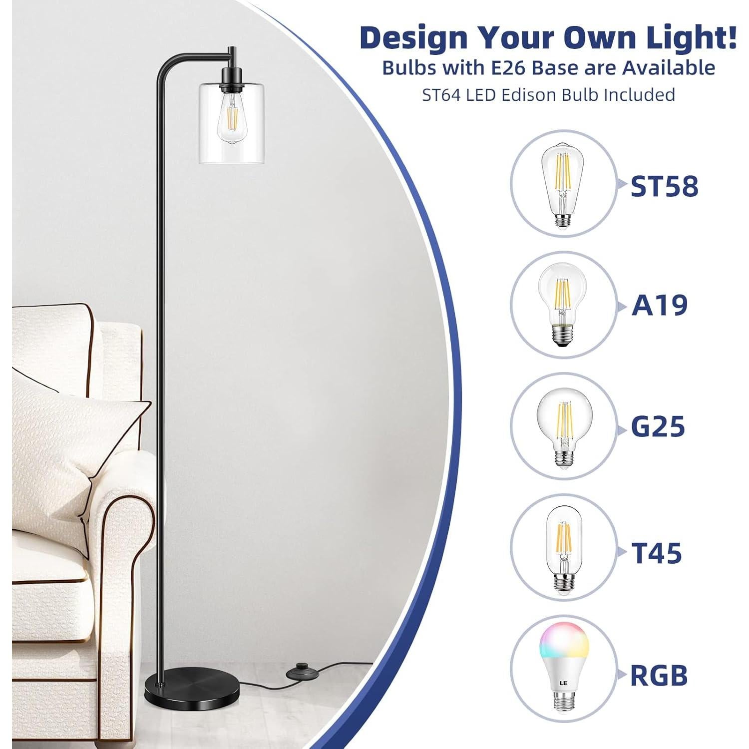 Lámpara de Pie Industrial Bosceos E26 Negra 168 cm con Bombilla