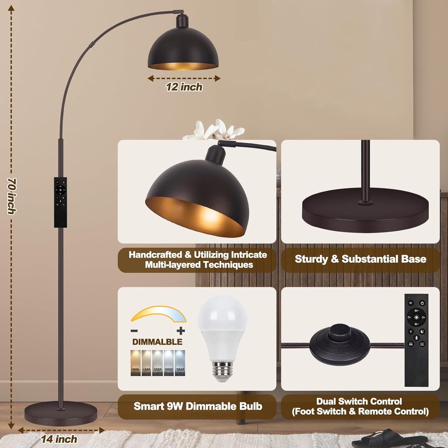 Lámpara de Pie Arco Regulable VenzBlomia 70" Bronce LED 9W