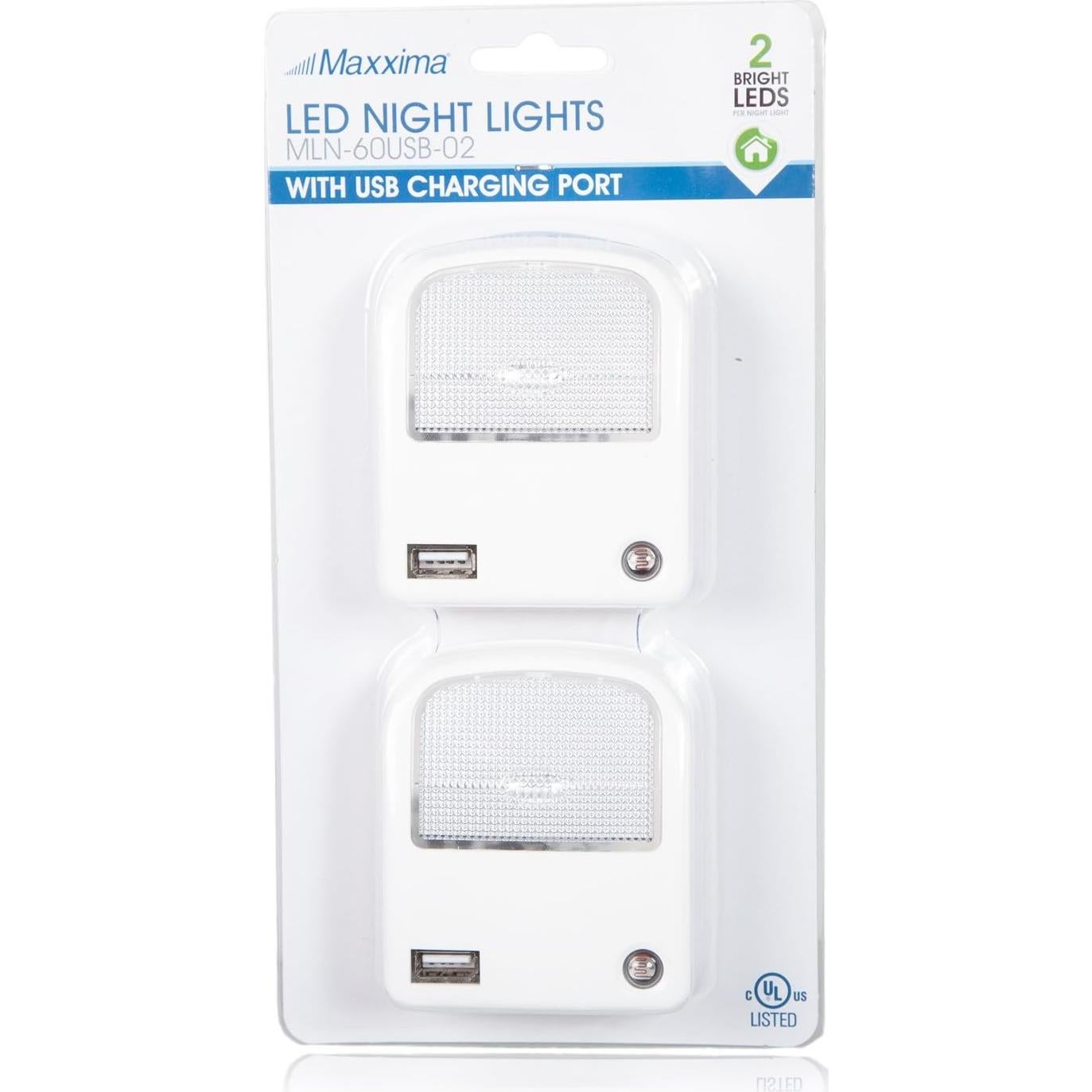 Luz Nocturna LED Maxxima con Cargador USB 2A - 2 Piezas