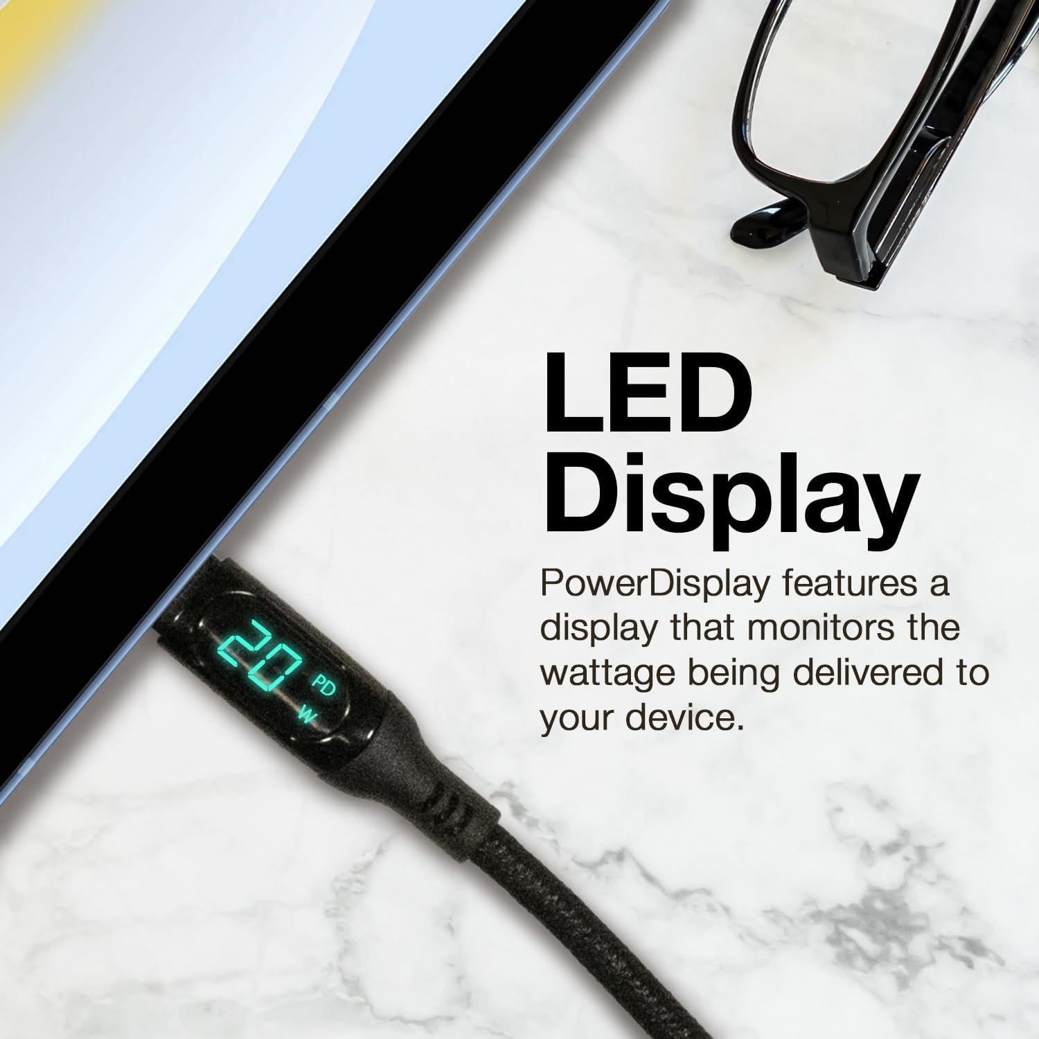 Cable Compatible with Onyx BOOX Tab Ultra C Pro - PowerDisplay PD Cable (6ft) - USB-C to USB-C (100W), LED Wattage Info Extra Long Braided Nylon - Jet Black