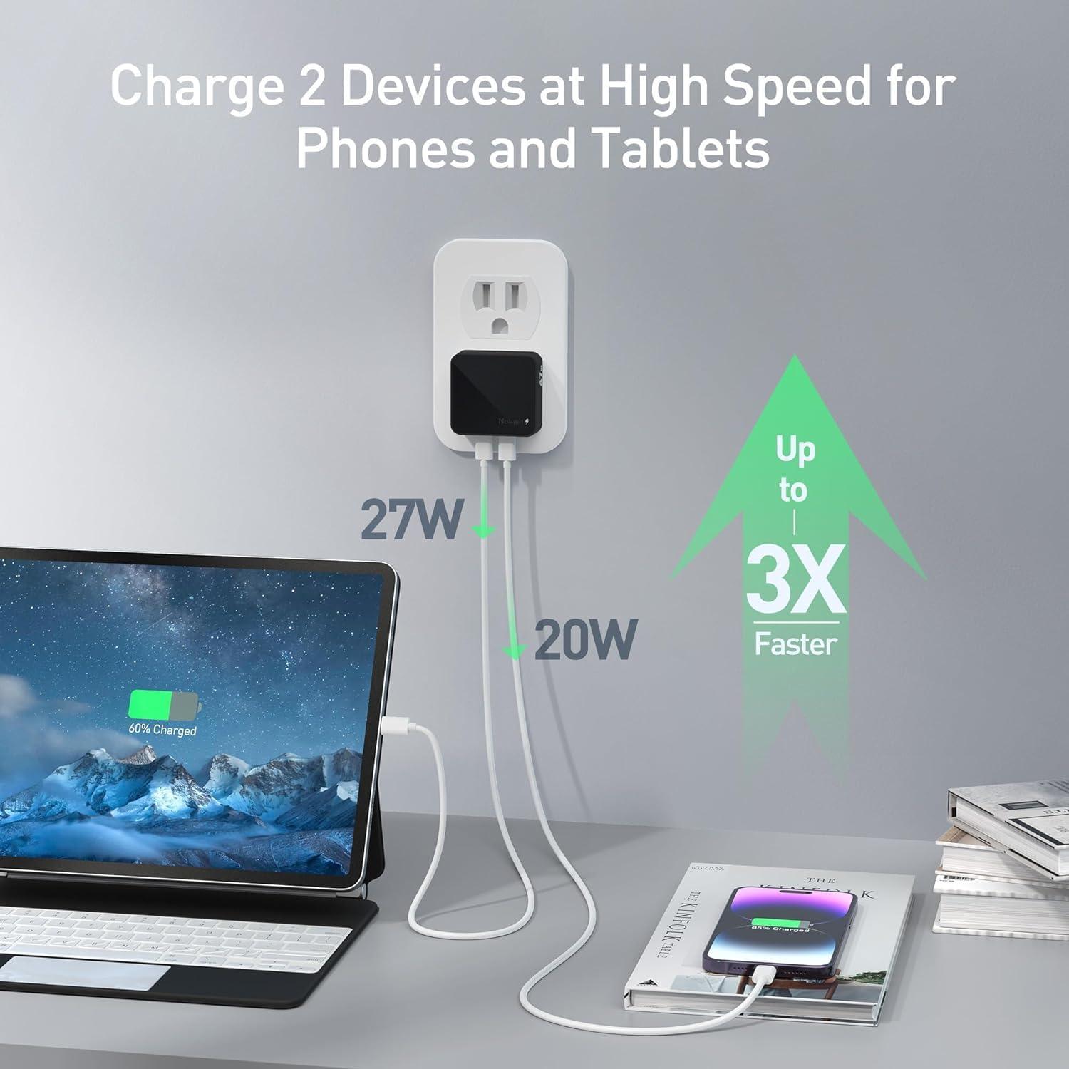 Cargador de pared USB C Nekmit 47W con 2 puertos - Negro