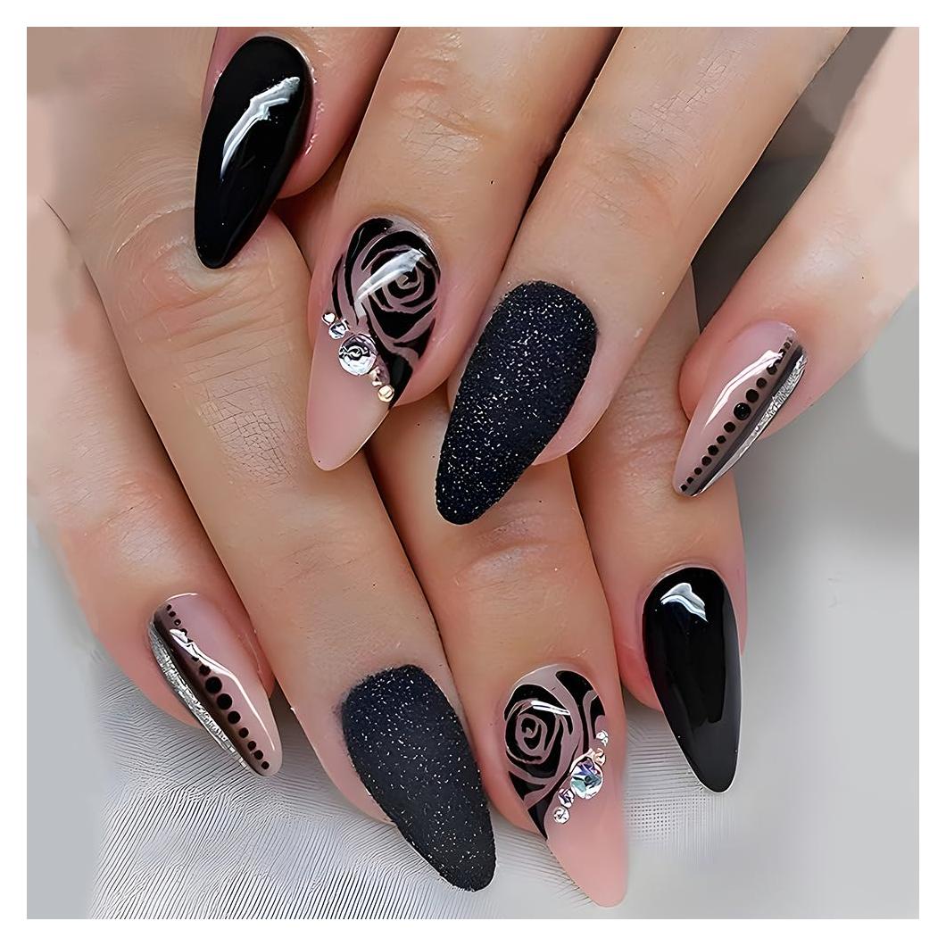 Uñas Postizas de Almendra CTTHNBD 24Pcs Rosa Negra Brillo