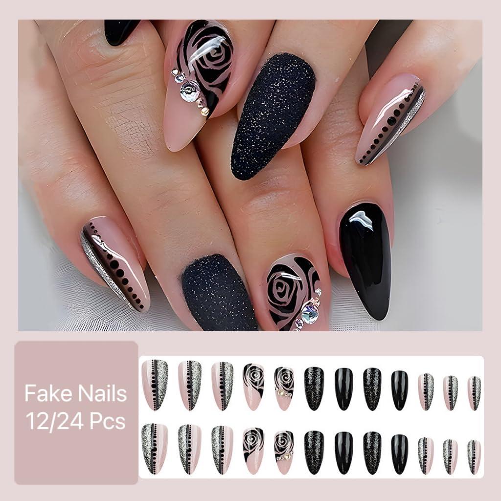 Uñas Postizas de Almendra CTTHNBD 24Pcs Rosa Negra Brillo