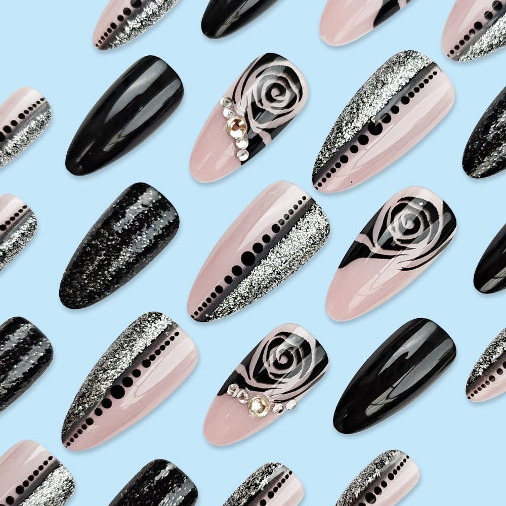 Uñas Postizas de Almendra CTTHNBD 24Pcs Rosa Negra Brillo