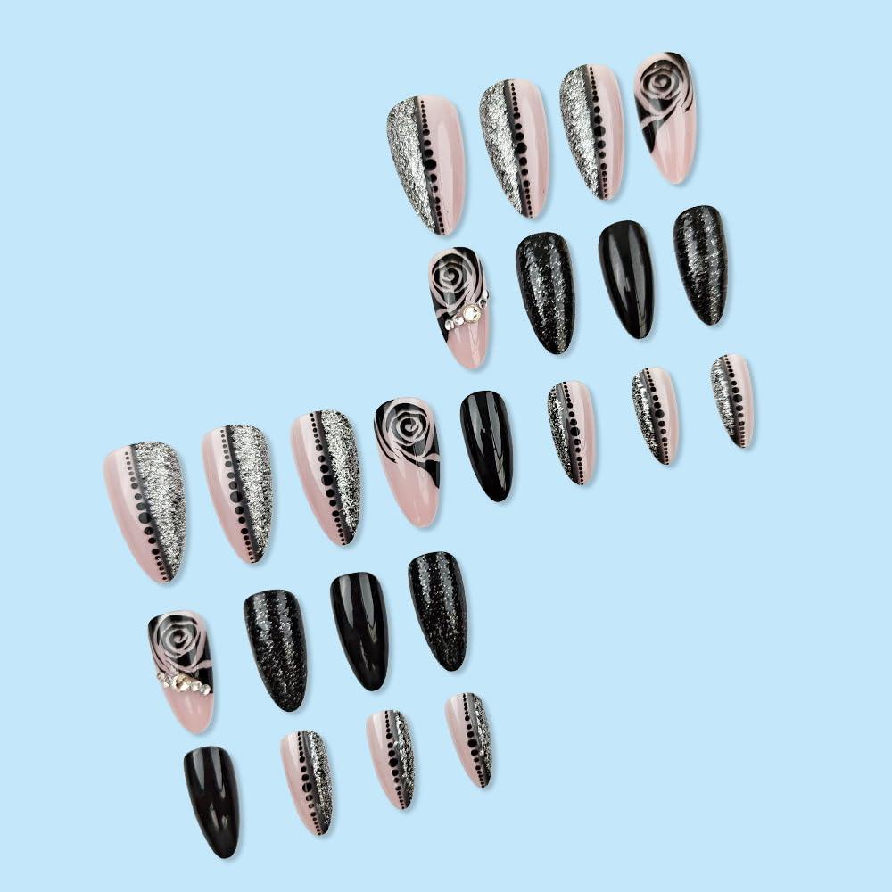 Uñas Postizas de Almendra CTTHNBD 24Pcs Rosa Negra Brillo