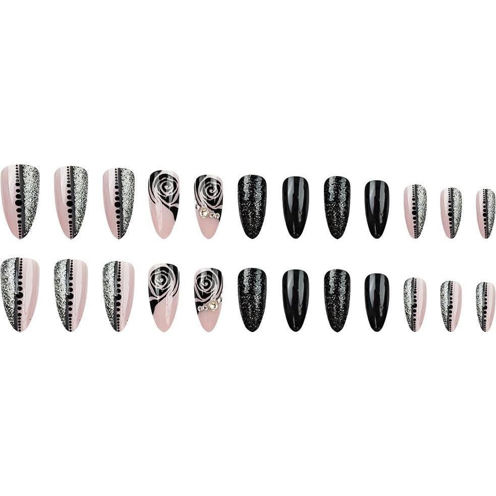 Uñas Postizas de Almendra CTTHNBD 24Pcs Rosa Negra Brillo