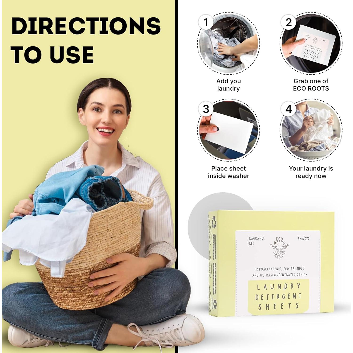 Hojas de Detergente para Ropa ECO ROOTS Sin Fragancia 64 Cargas