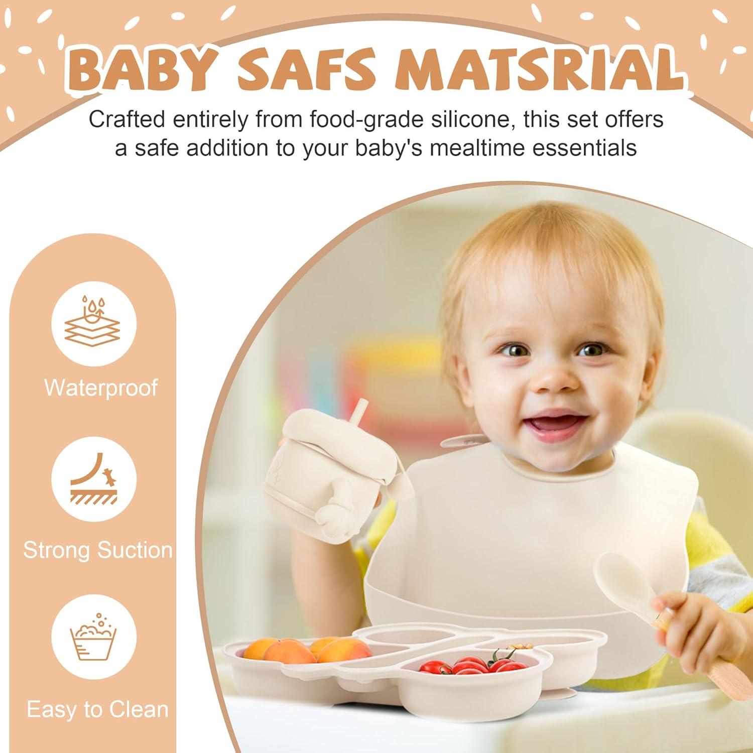 Juego de Alimentación Guiada para Bebés MIICASA - 7 Piezas Silicona Beige