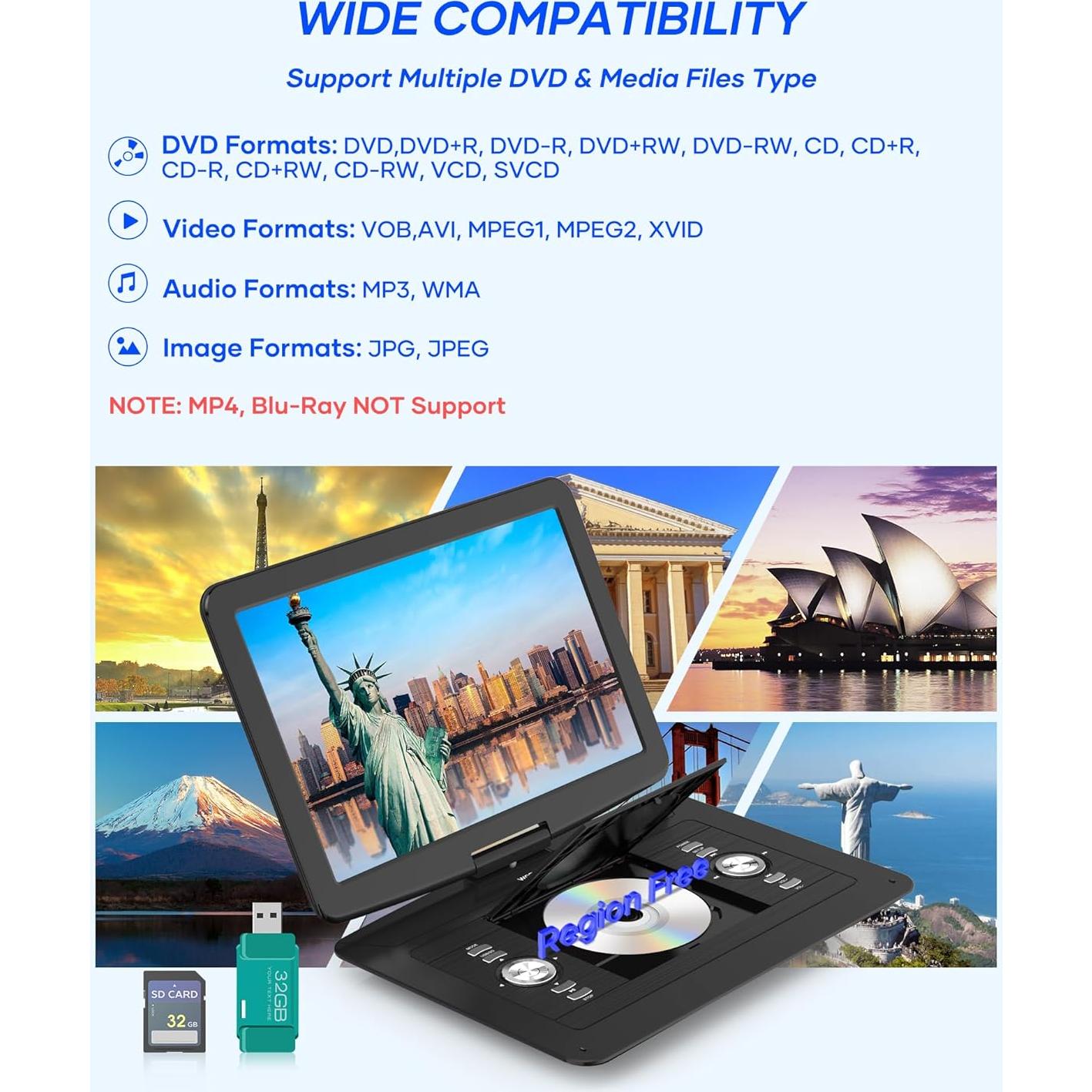 Reproductor de DVD Portátil WONNIE W-1458 15.4" HD Batería 6h