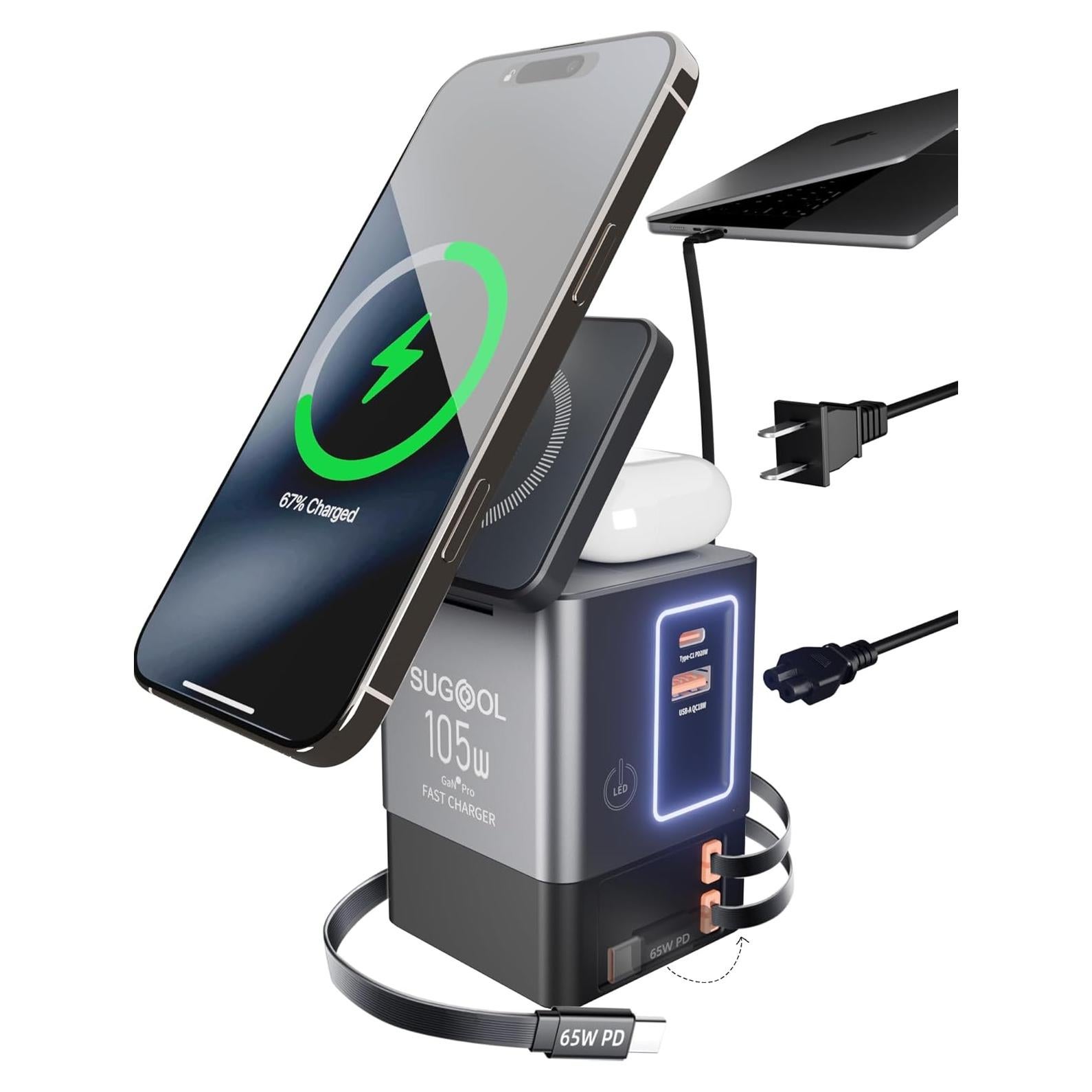 Cargador Retráctil 105W GaN 6-en-1 con Base Magnética - iPhone, MacBook