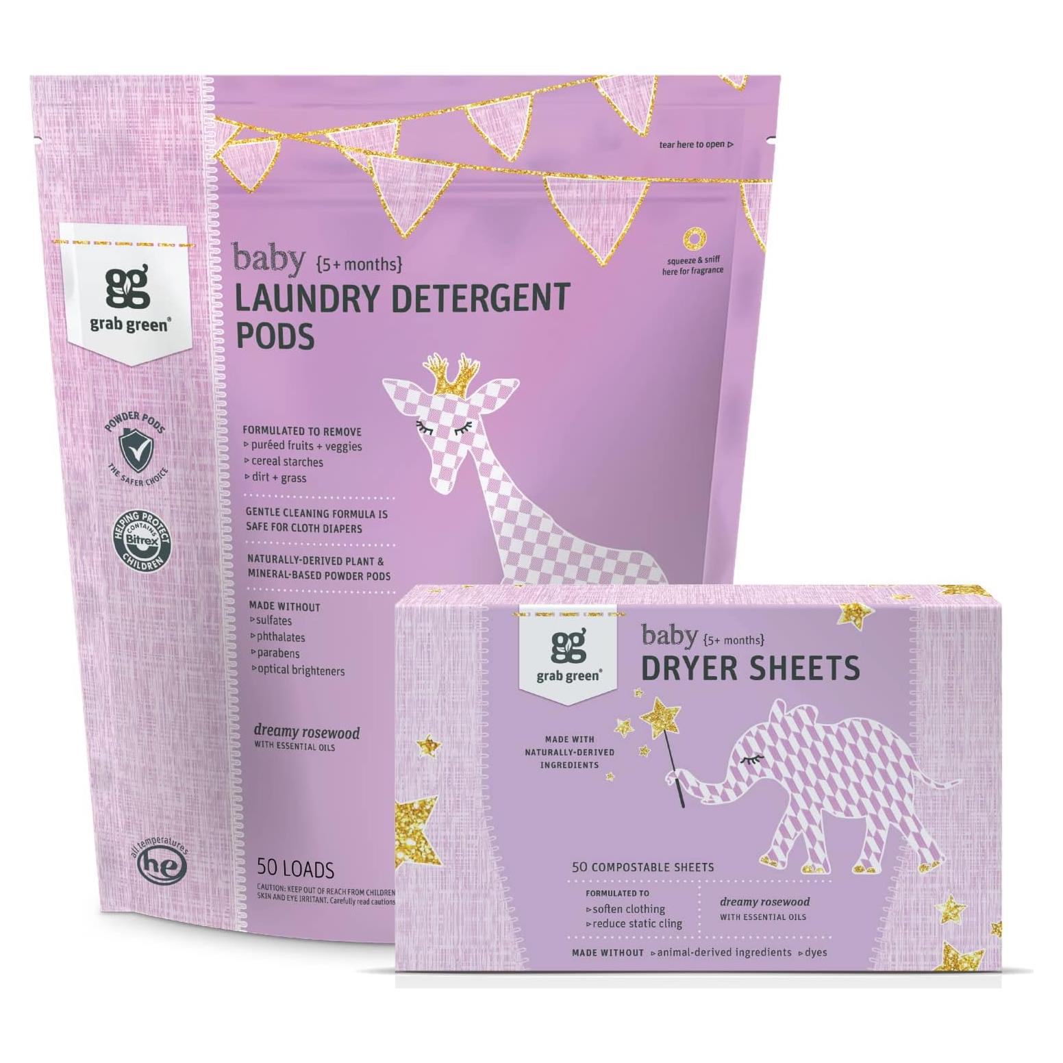 Detergente para Ropa Bebé Grab Green 50 Cápsulas + 80 Hojas Secado