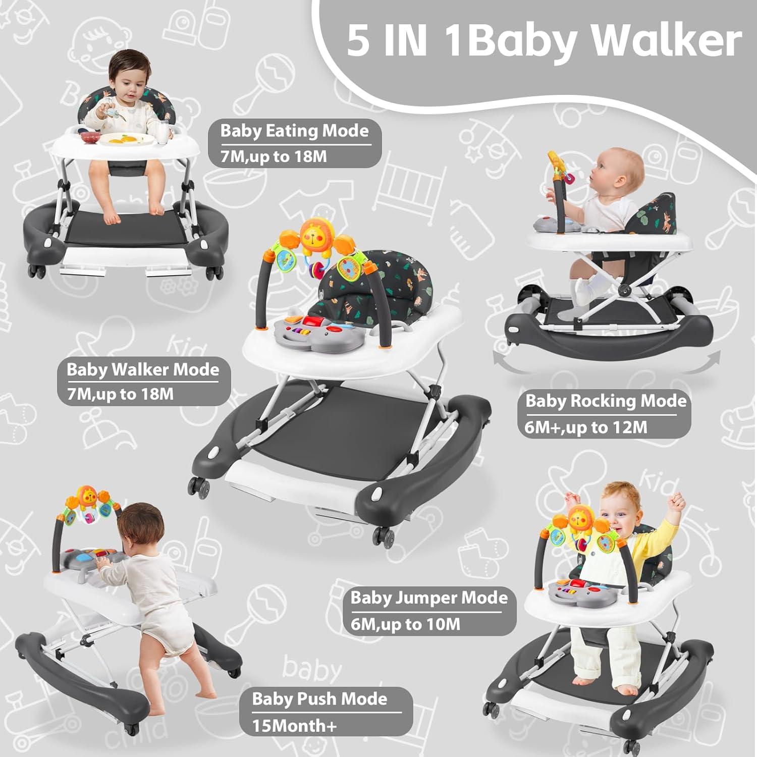 Andador Plegable 5 en 1 para Bebés Re-019 Gris, Altura Ajustable