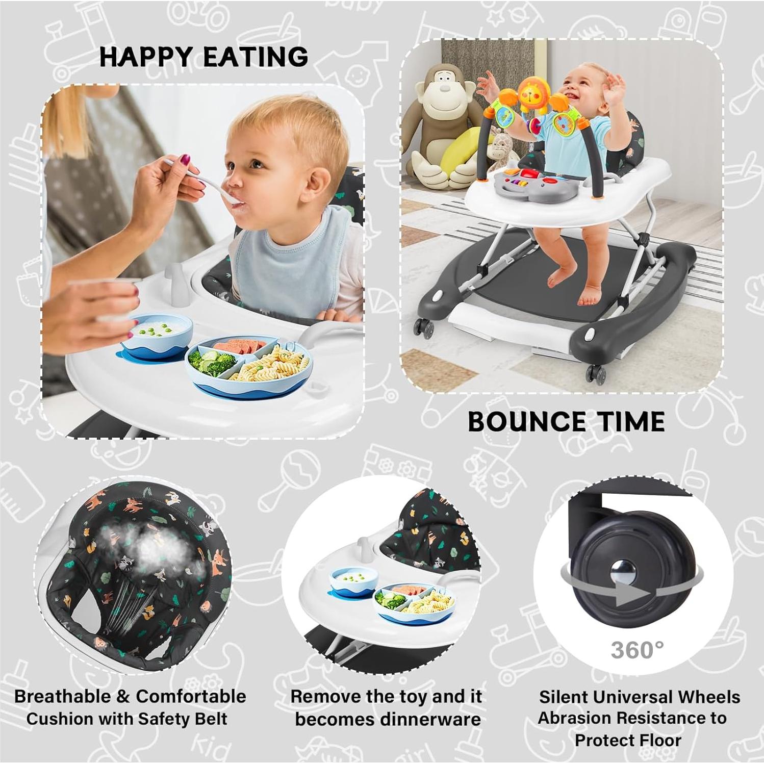 Andador Plegable 5 en 1 para Bebés Re-019 Gris, Altura Ajustable