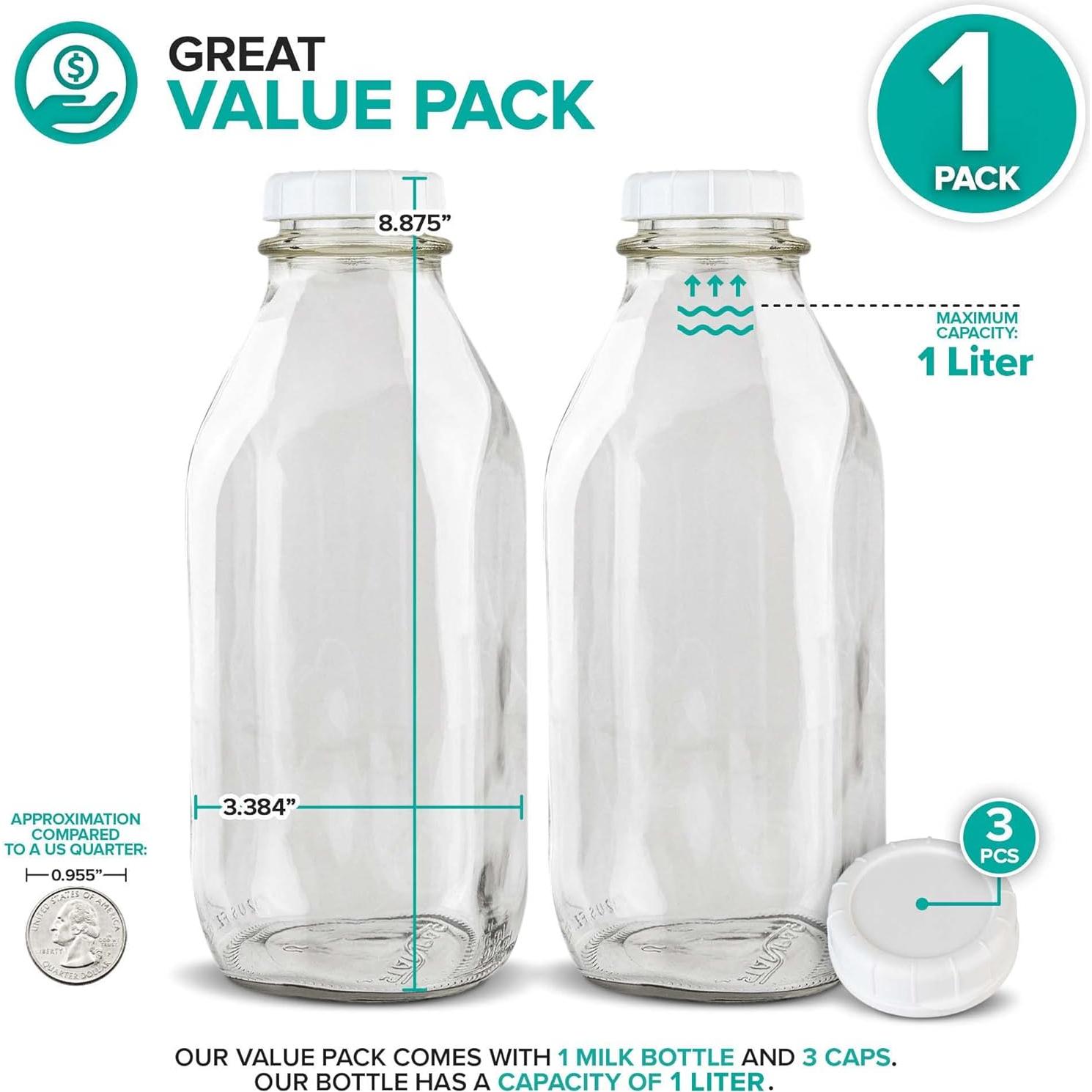 Botella de Leche de Vidrio Almacena Tu Hogar 1L con Tapa