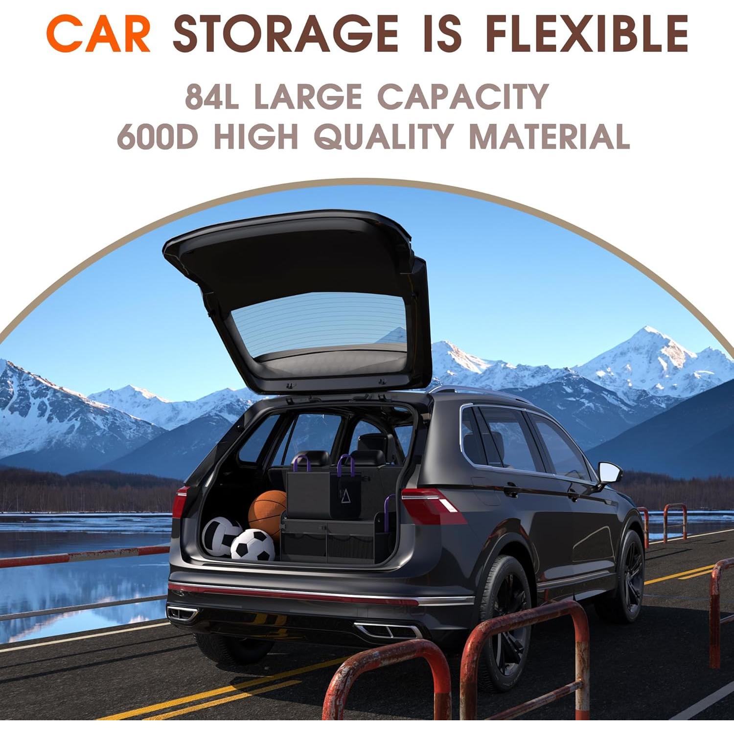 Car Trunk Organizer SUV, 84L SUV Trunk Organizer – Waterproof Foldable Modular Trunk Organizer with Mesh Pockets, Non-Slip Base, Black - M313