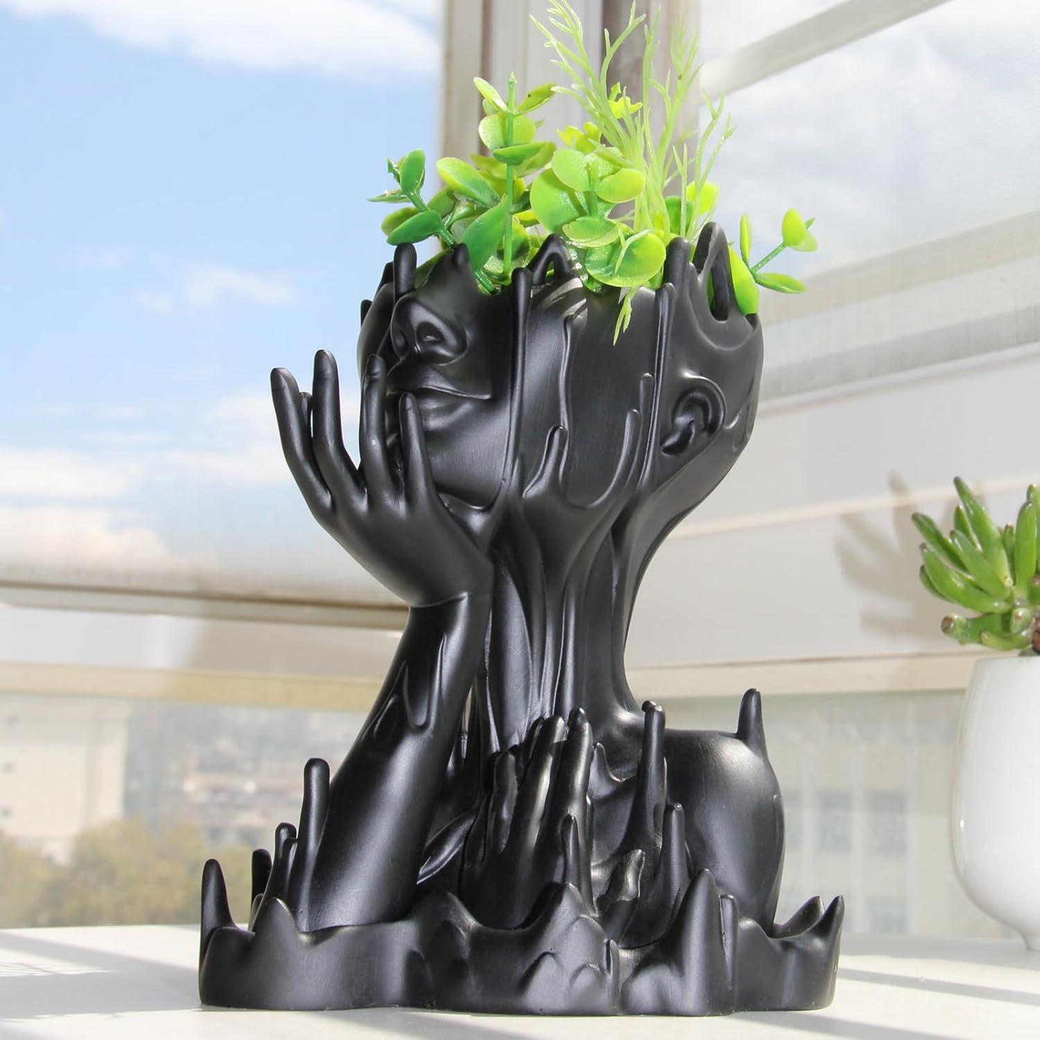 Maceta de Resina Mujer Derretida Poranlem 18 cm Negro