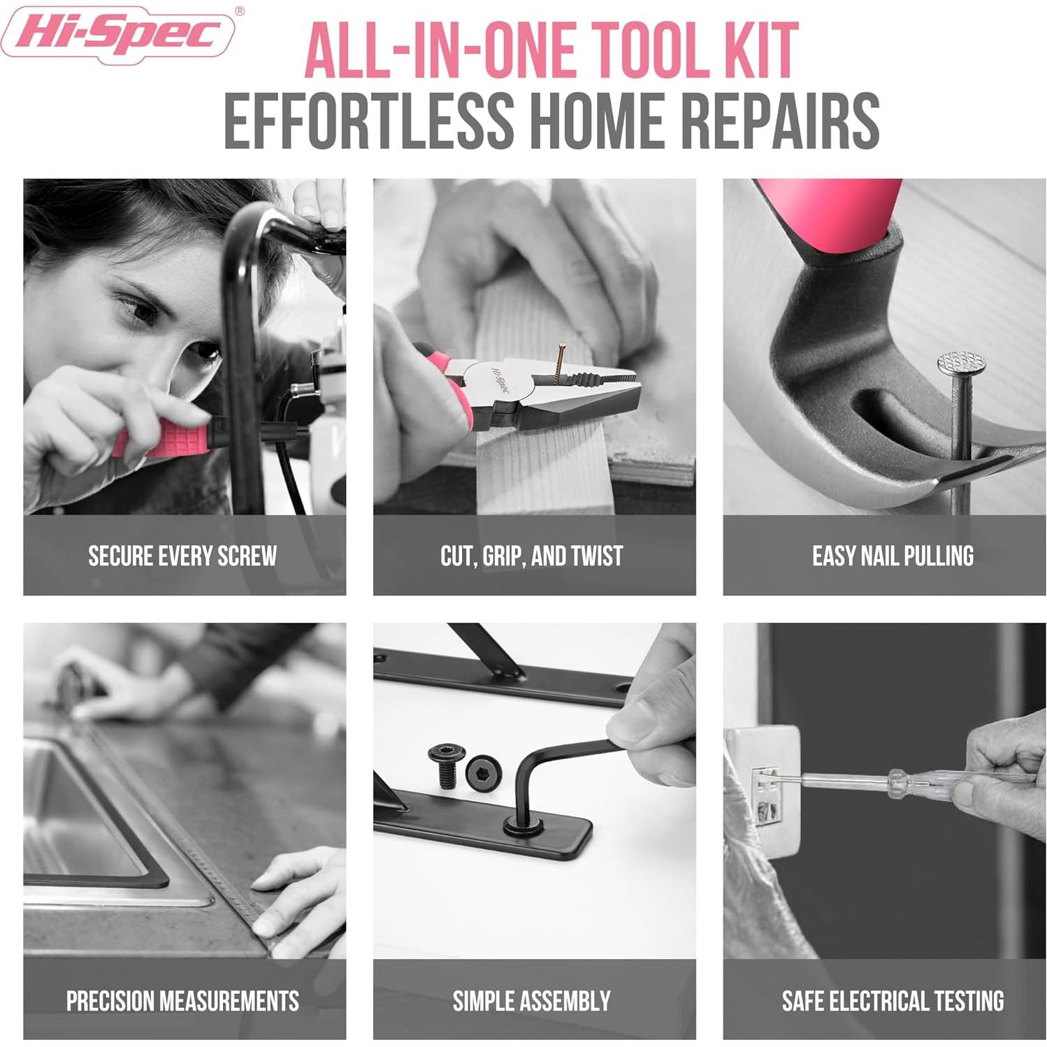 Kit de Herramientas Compacto Hi-Spec 13 Piezas Rosa para Bricolaje