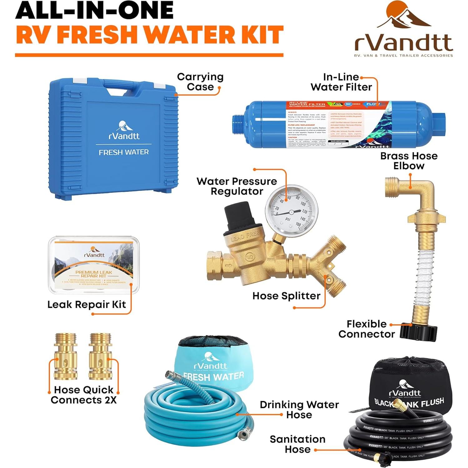 Kit de Agua Dulce RV rVandtt con Manguera de 10.67 m y Filtro