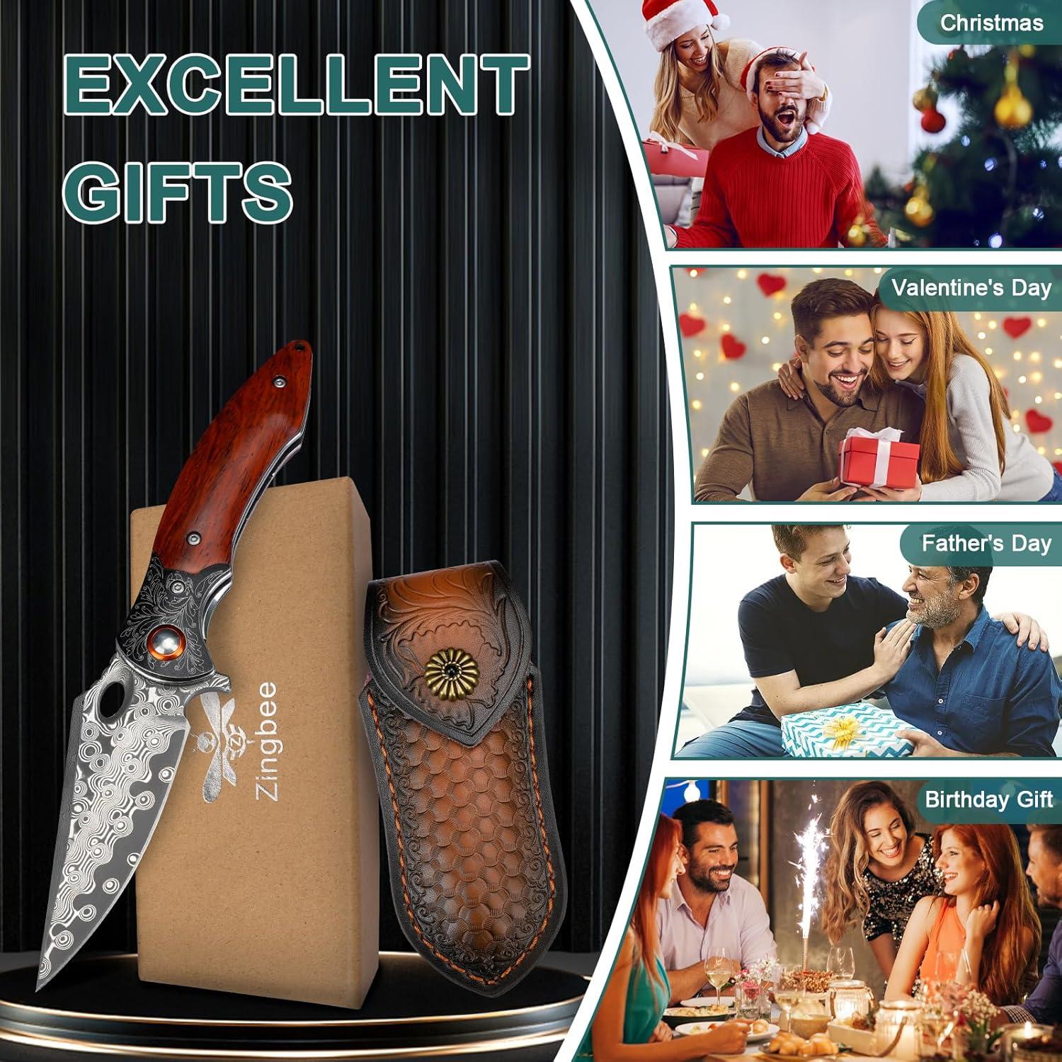 Cuchillo de bolsillo Zingbee Damasco 8.3 cm mango madera