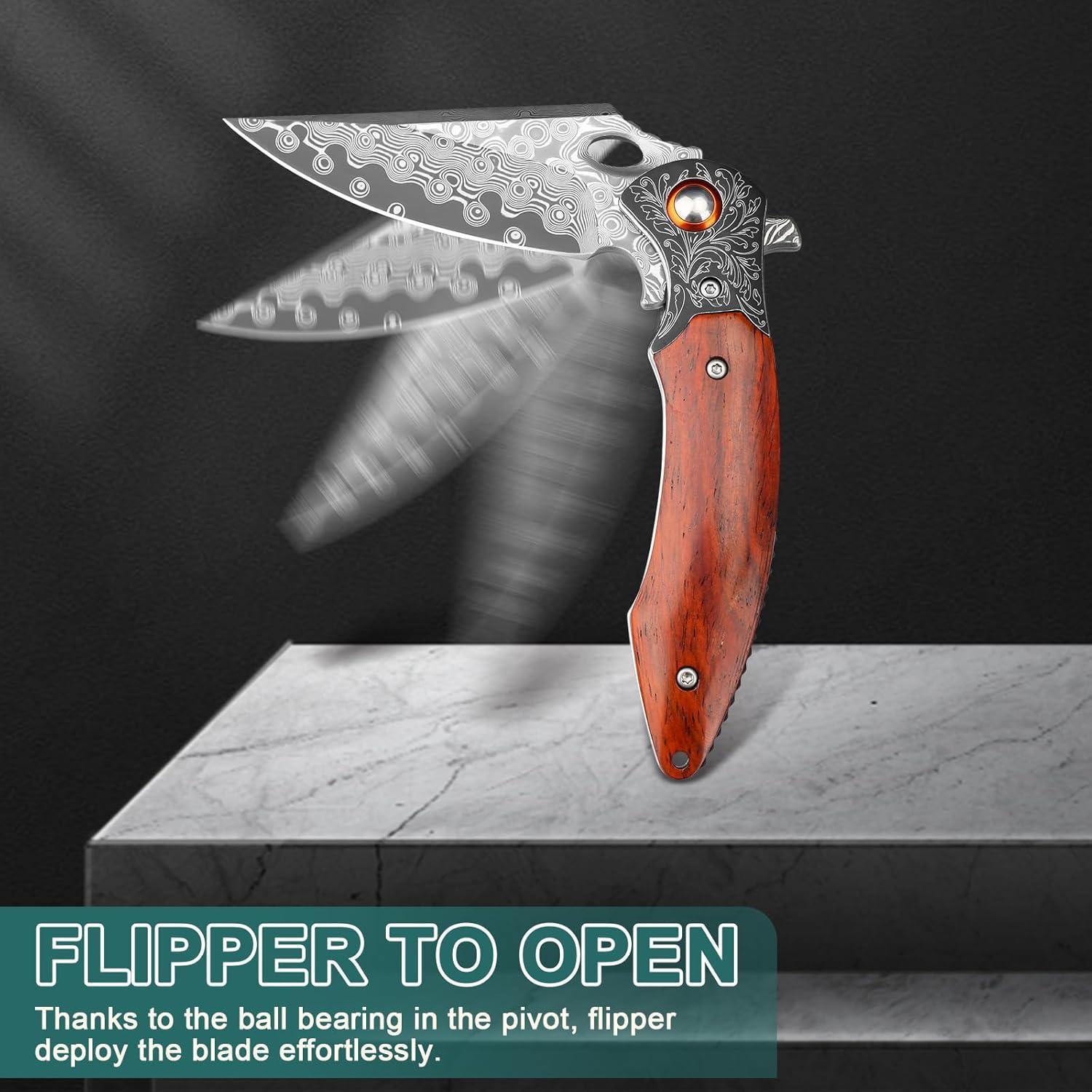 Cuchillo de bolsillo Zingbee Damasco 8.3 cm mango madera