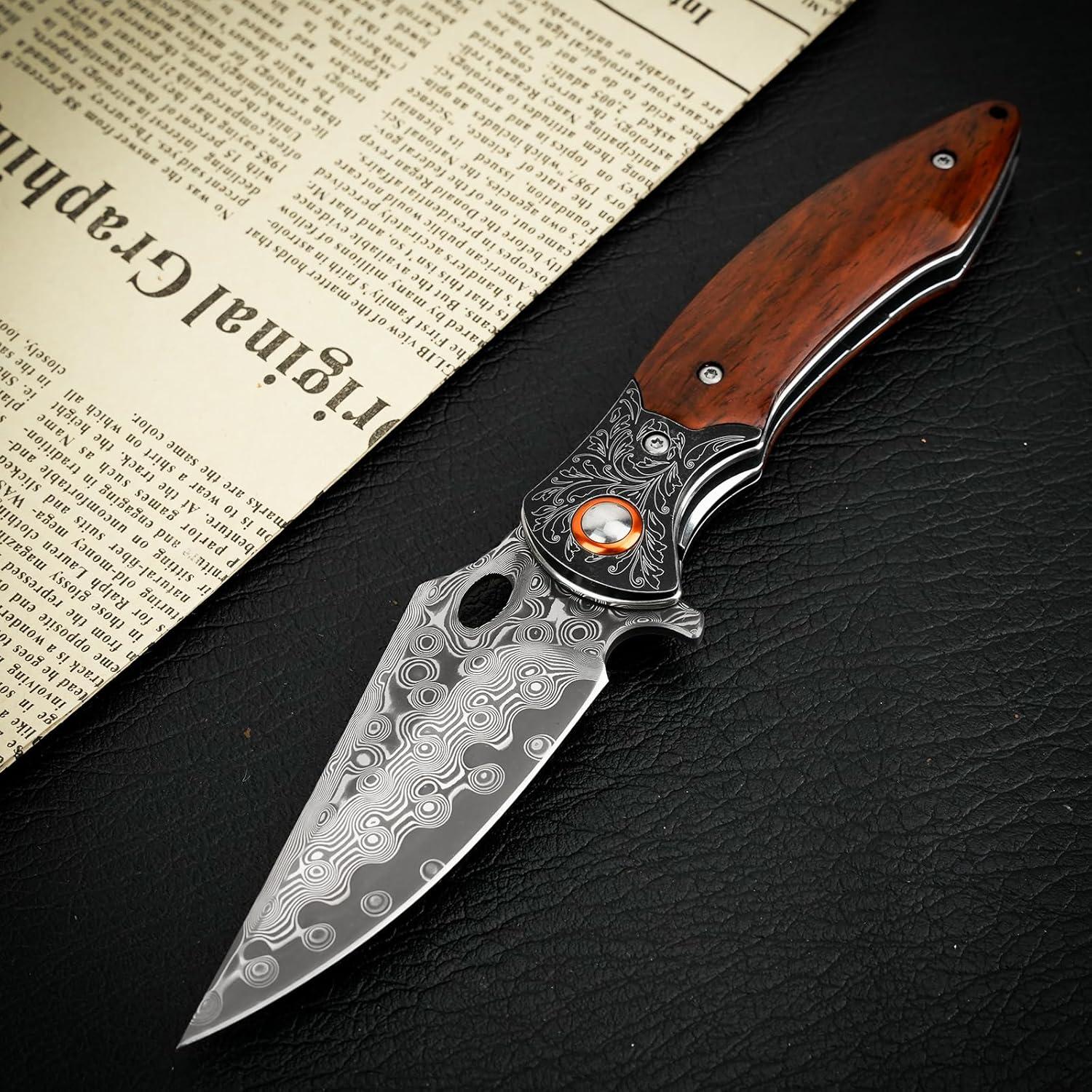 Cuchillo de bolsillo Zingbee Damasco 8.3 cm mango madera