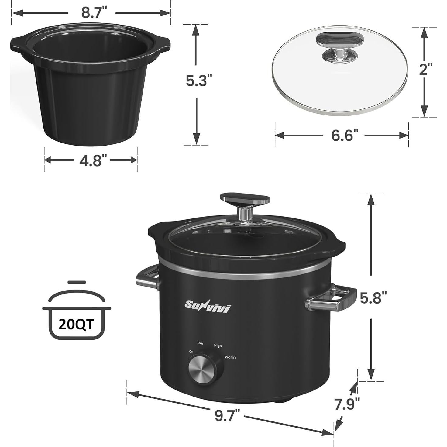 Olla de Cocción Lenta SUNVIVI 2QT Cerámica Desmontable Negra