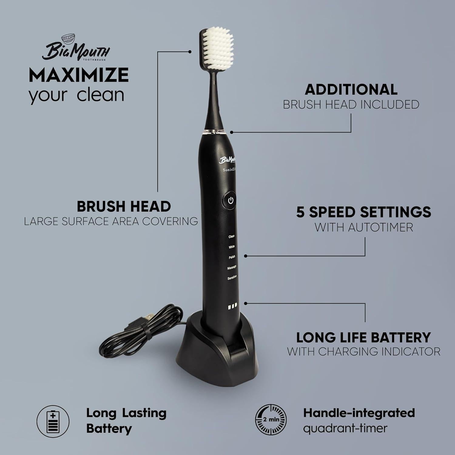 Cepillo de dientes eléctrico Dr Bobbi Big Mouth negro | 5 modos de limpieza