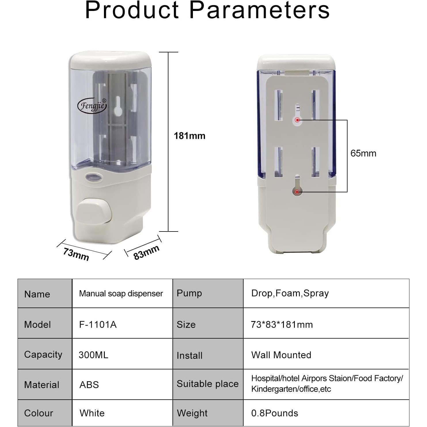Dispensador de Jabón Manual Fengjie F-1101, 300ml, Pared