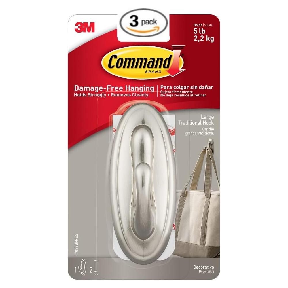 Ganchos de Plástico Grandes Command Niquel Cepillado 3 Unidades