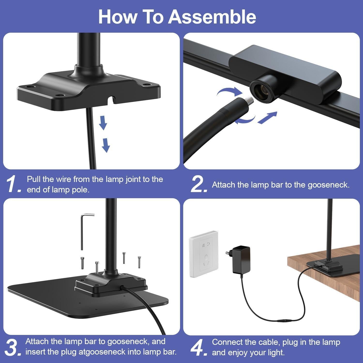 Lámpara de Escritorio LED KableRika 43.2cm Regulable Negra