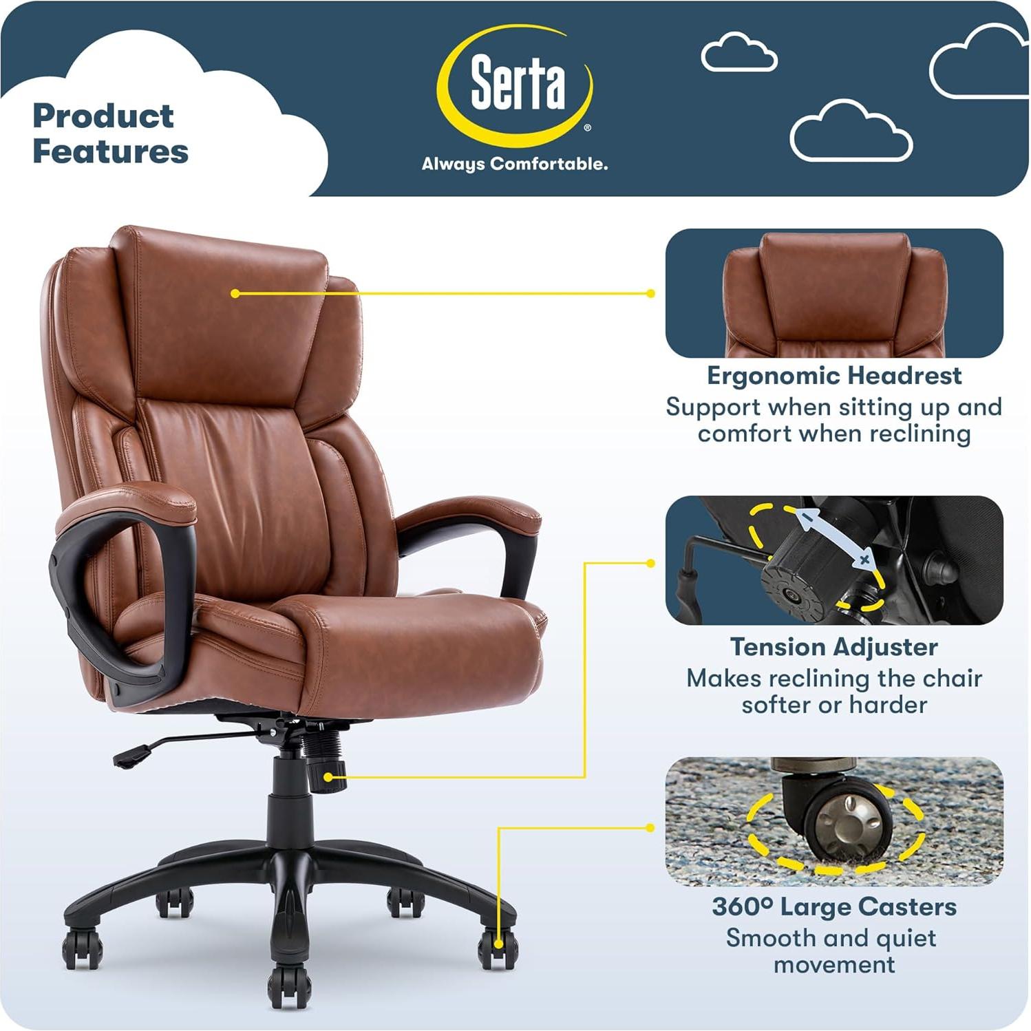 Silla Ejecutiva Serta Garret Ergonómica Cognac con Soporte Lumbar