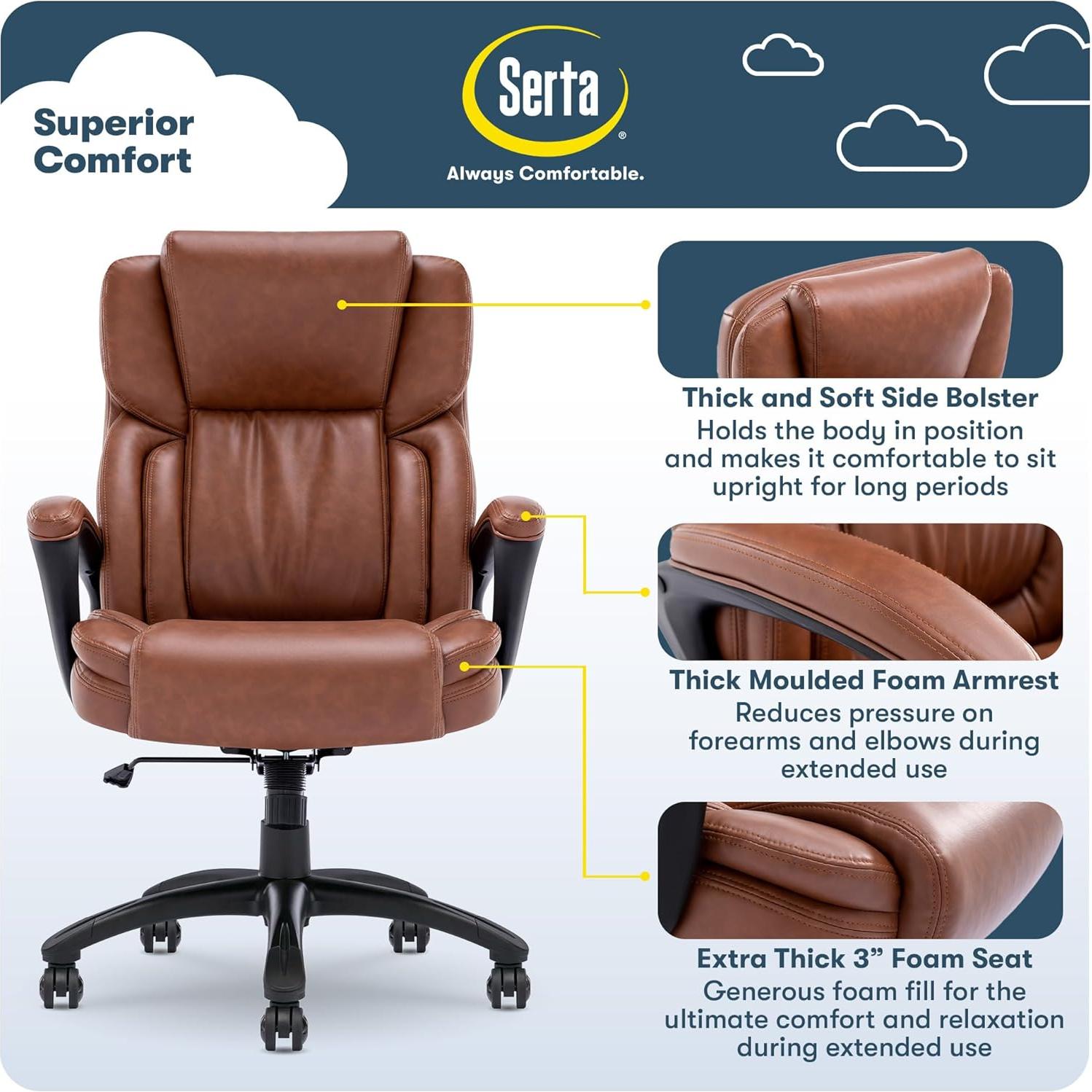 Silla Ejecutiva Serta Garret Ergonómica Cognac con Soporte Lumbar