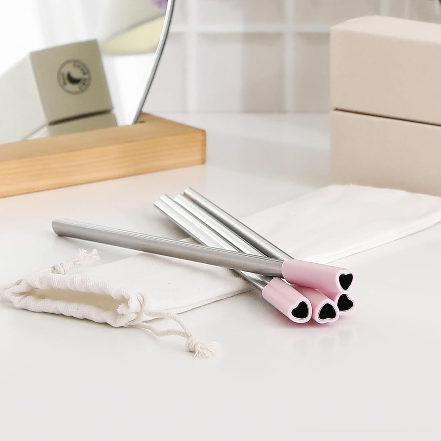 Popotes de metal reutilizables La mejor LUNA - Corazón rosa (4 unidades)