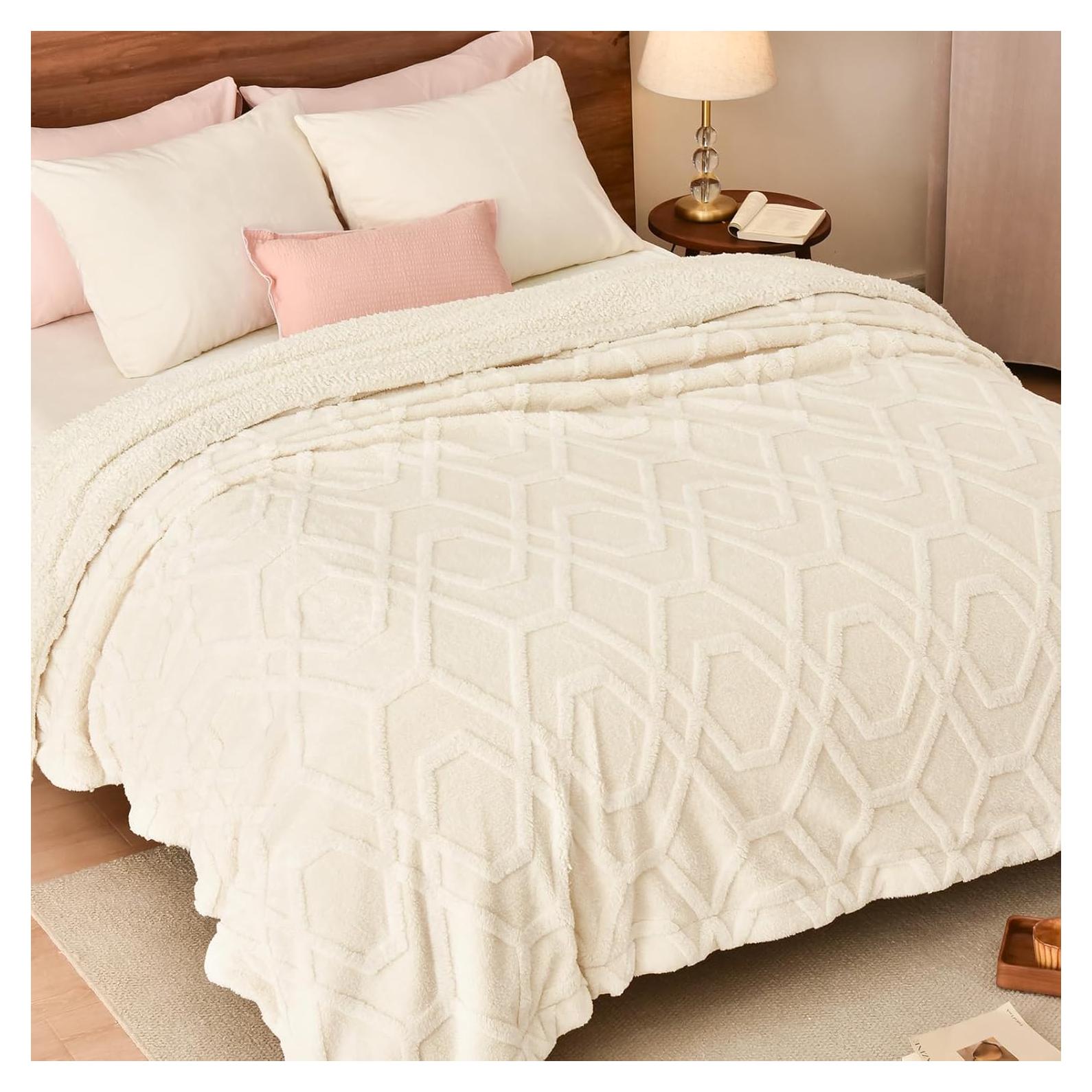 Manta de Felpa Sherpa PHF Queen 90x90 cm Crema 510GSM