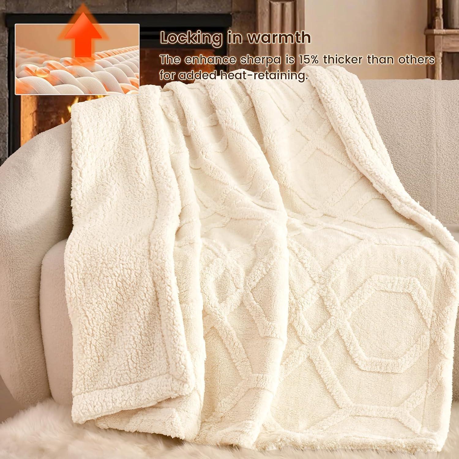 Manta de Felpa Sherpa PHF Queen 90x90 cm Crema 510GSM