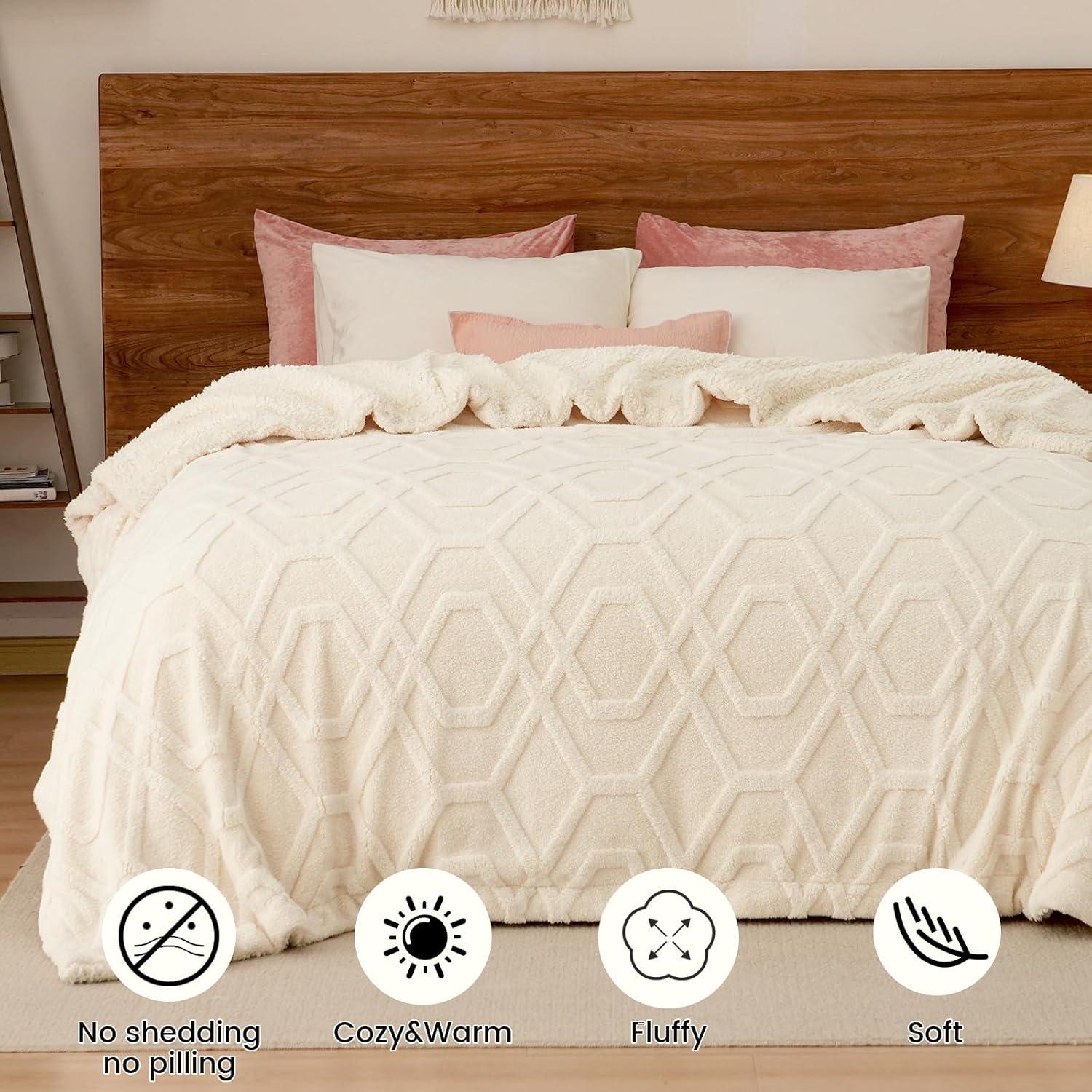 Manta de Felpa Sherpa PHF Queen 90x90 cm Crema 510GSM