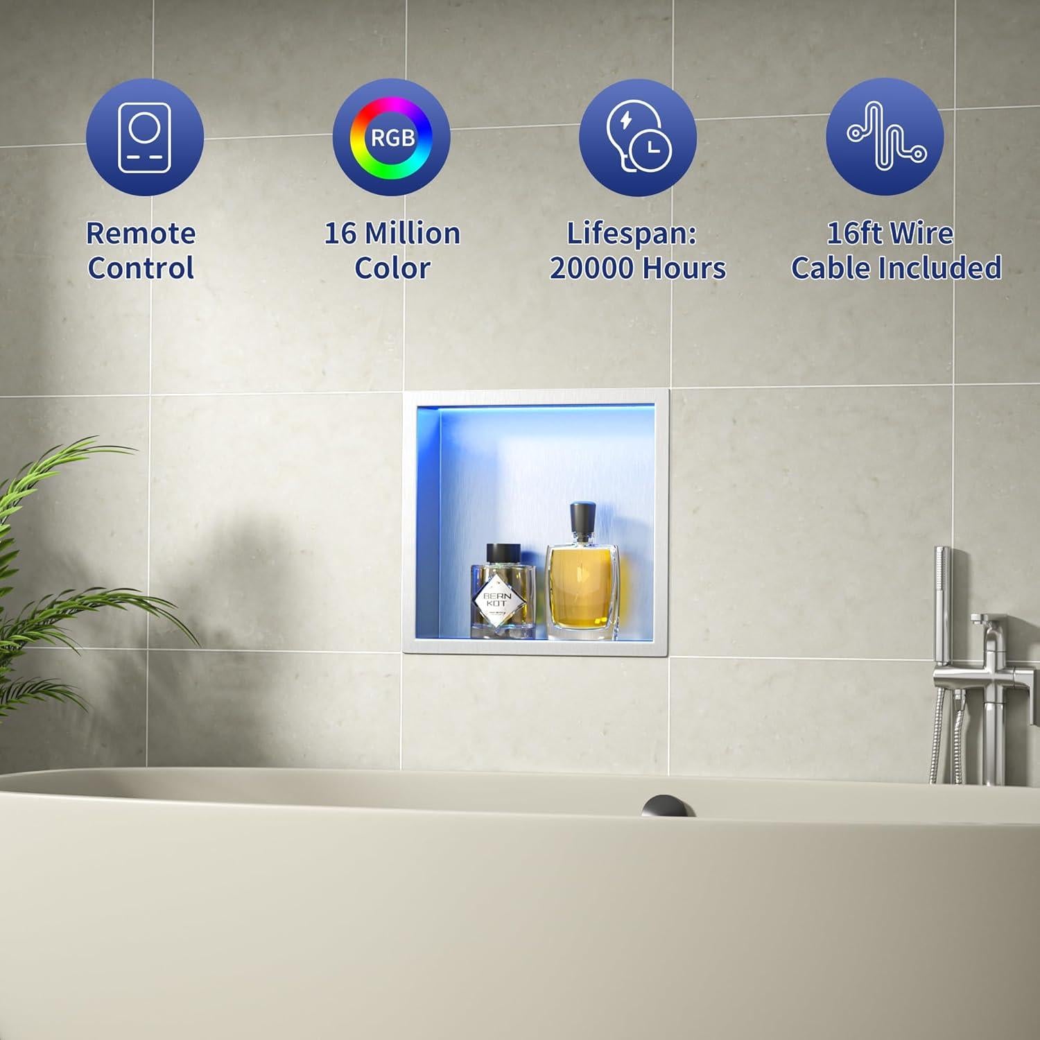 Nicho de Ducha LED RGB Bernkot 30.48x30.48 cm Acero Inoxidable