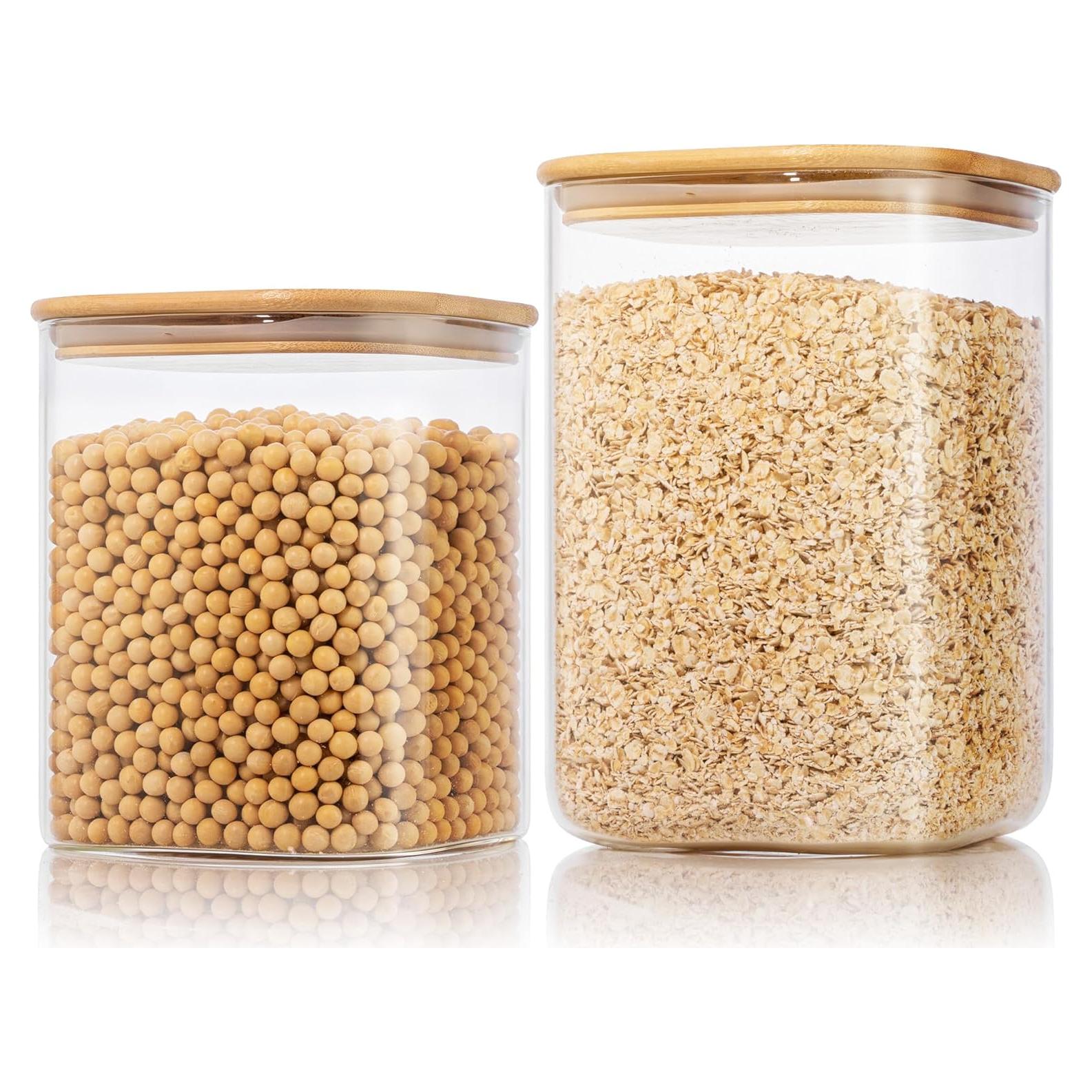 Extra Large Square Glass Flour & Sugar Storage Containers with Airtight Lids, 132 floz & 63 floz - 2 Pack Glass Jars with Bamboo Lids, Air tight Food Storage Containers for Cereal, Pasta, Rice