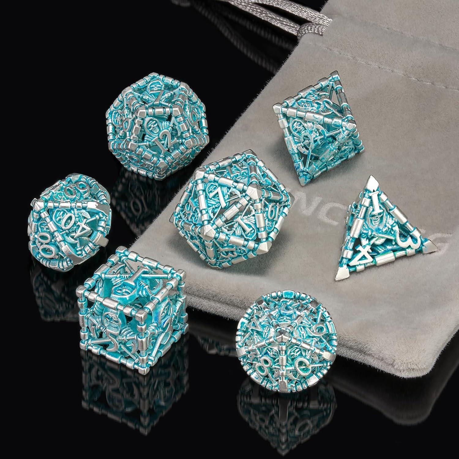 Juego de Dados D&D HNCCESG 7 Piezas Metal Hueco Azul Blanco