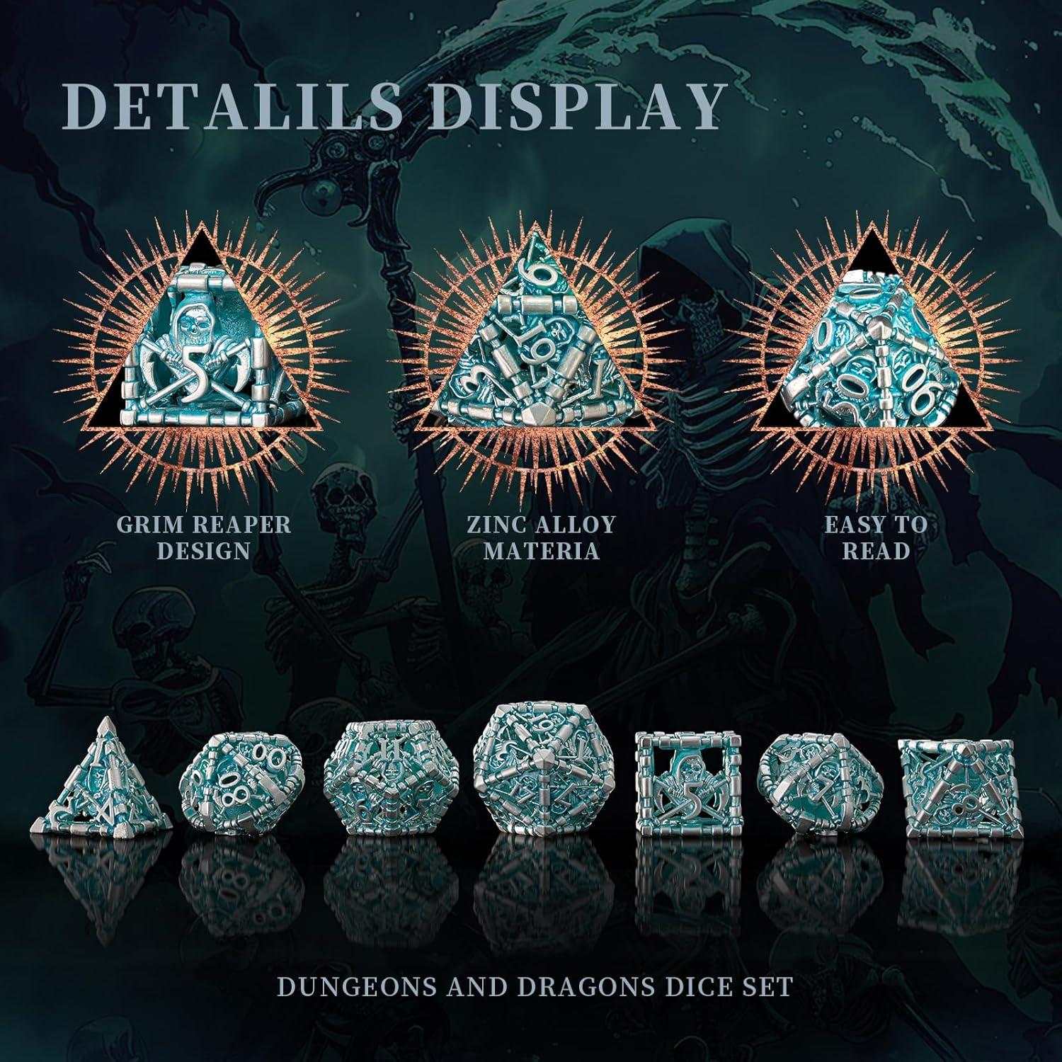 Juego de Dados D&D HNCCESG 7 Piezas Metal Hueco Azul Blanco