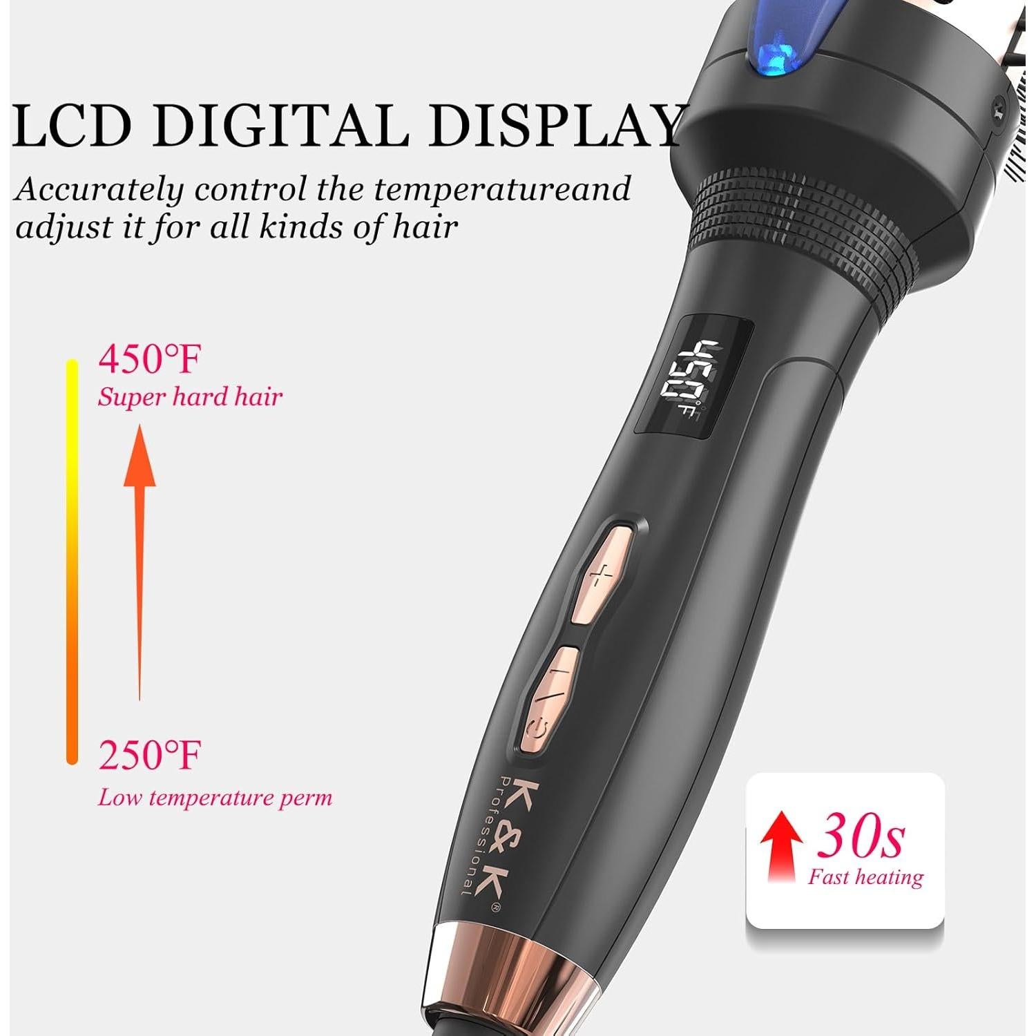 Cepillo Redondo Calentado K&K 3.81 cm Cerámica Iónica Negro