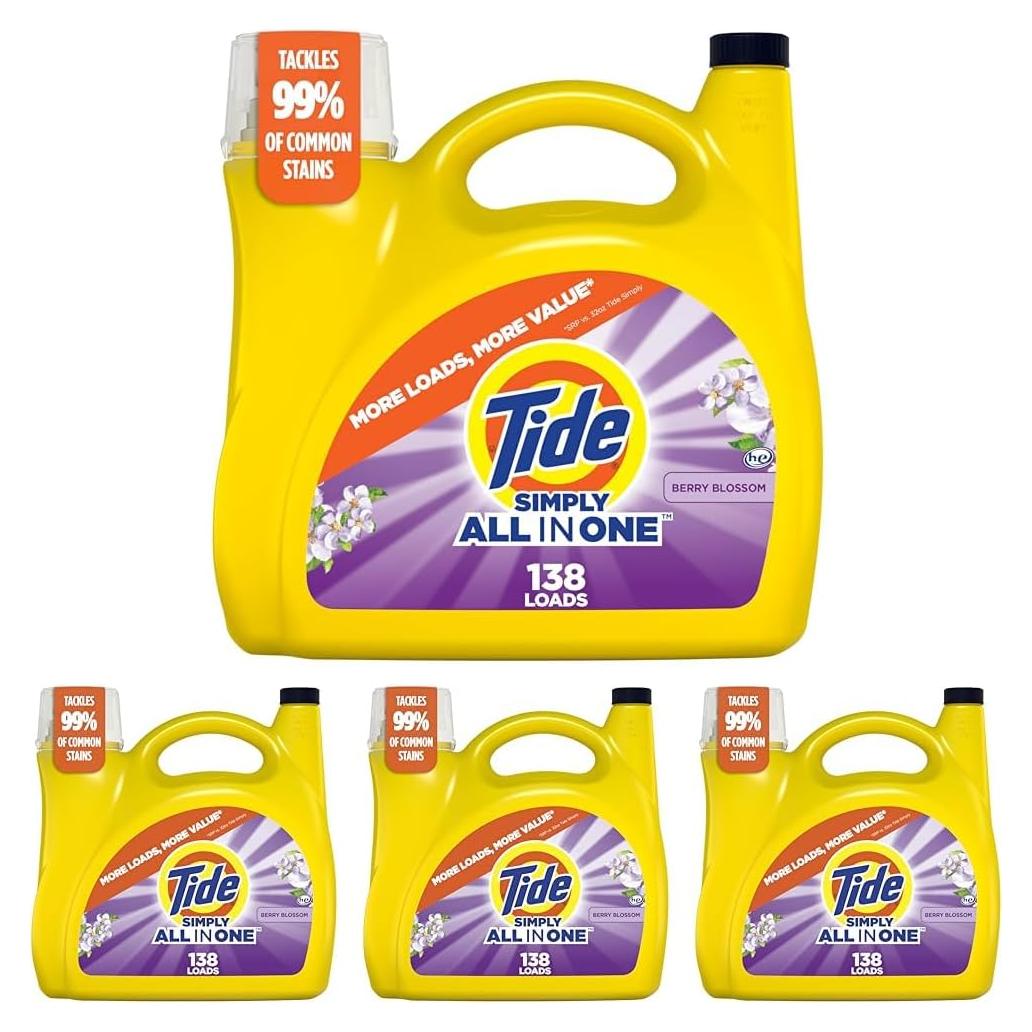 Tide Simply All-In-One Liquid Laundry Detergent, Berry Blossom Scent, 138 Loads, 182 fl oz (Pack of 4)