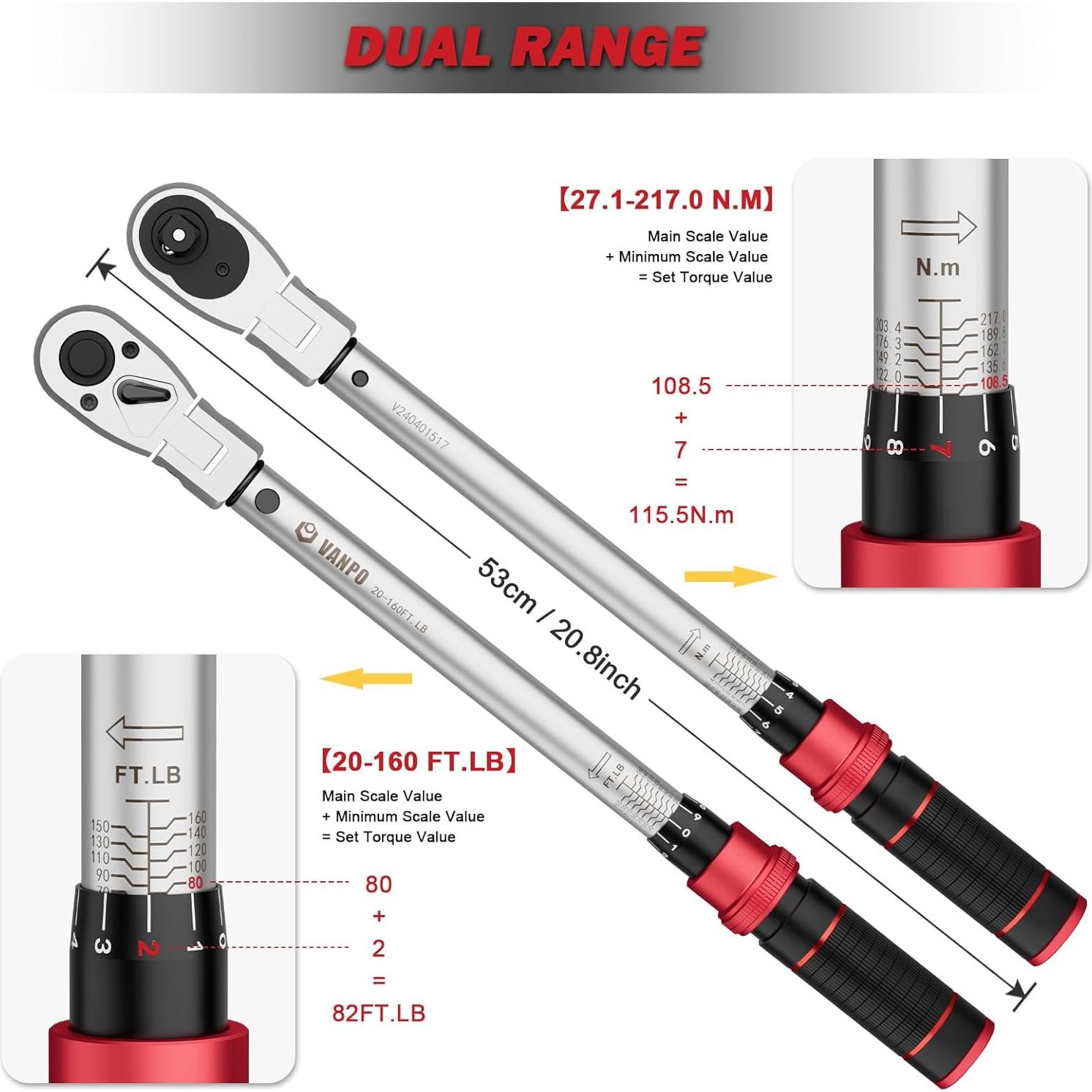 Llave de Torque VANPO 1/2" Ajustable 27.1-217 Nm con Extensión