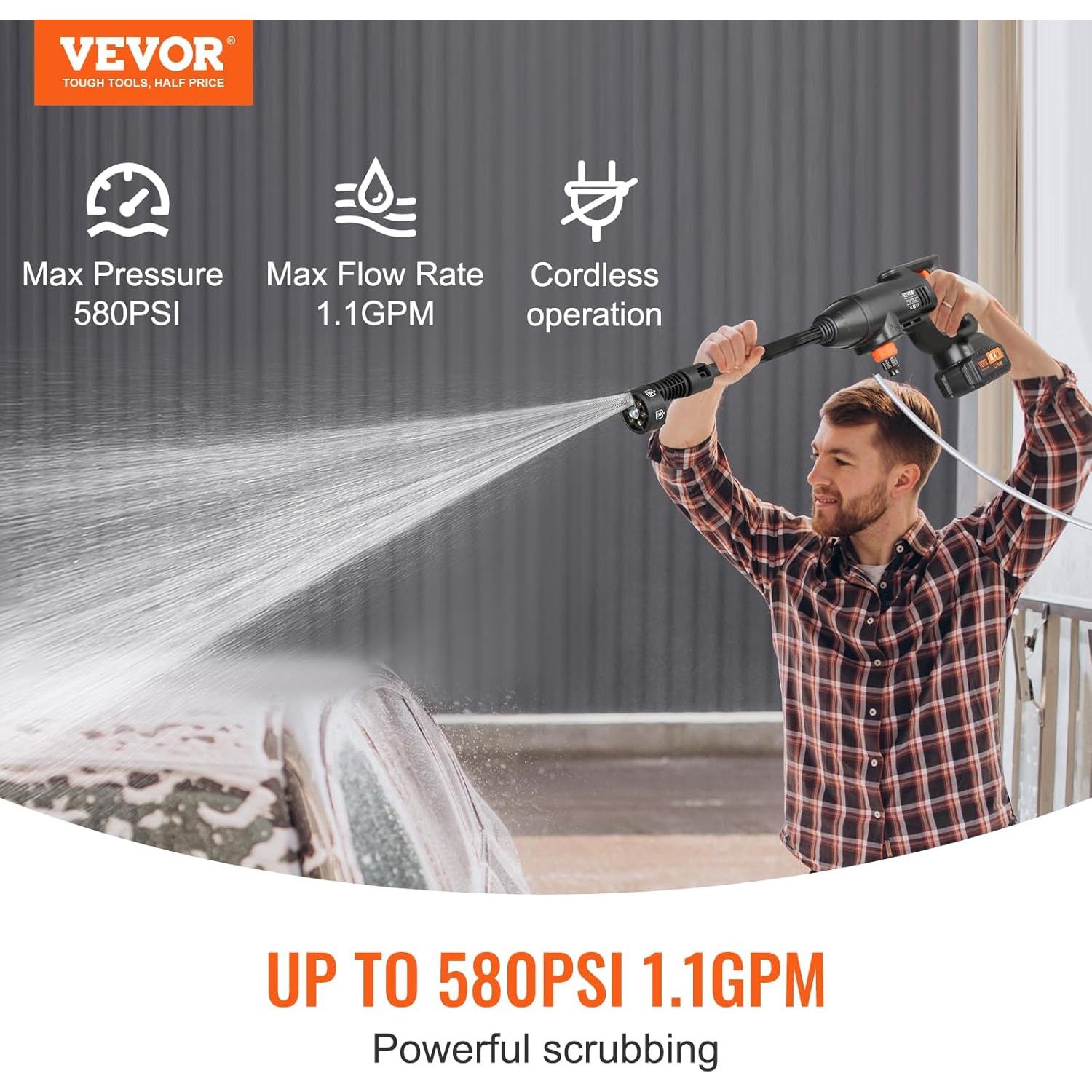 Lavadora a Presión Inalámbrica VEVOR 580 PSI 4.0Ah 6-en-1