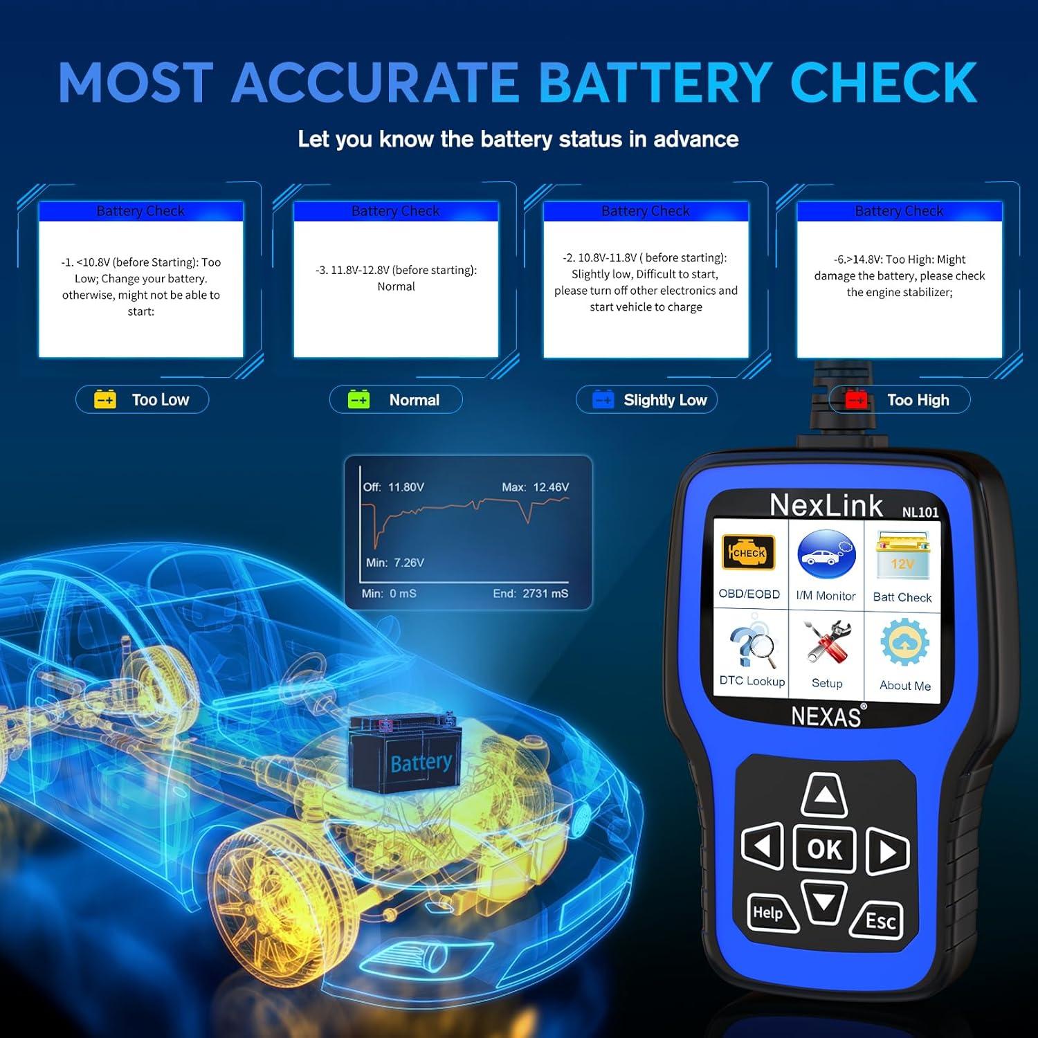 Escáner OBD2 NEXAS NL101 con Probador de Batería - Diagnóstico Completo