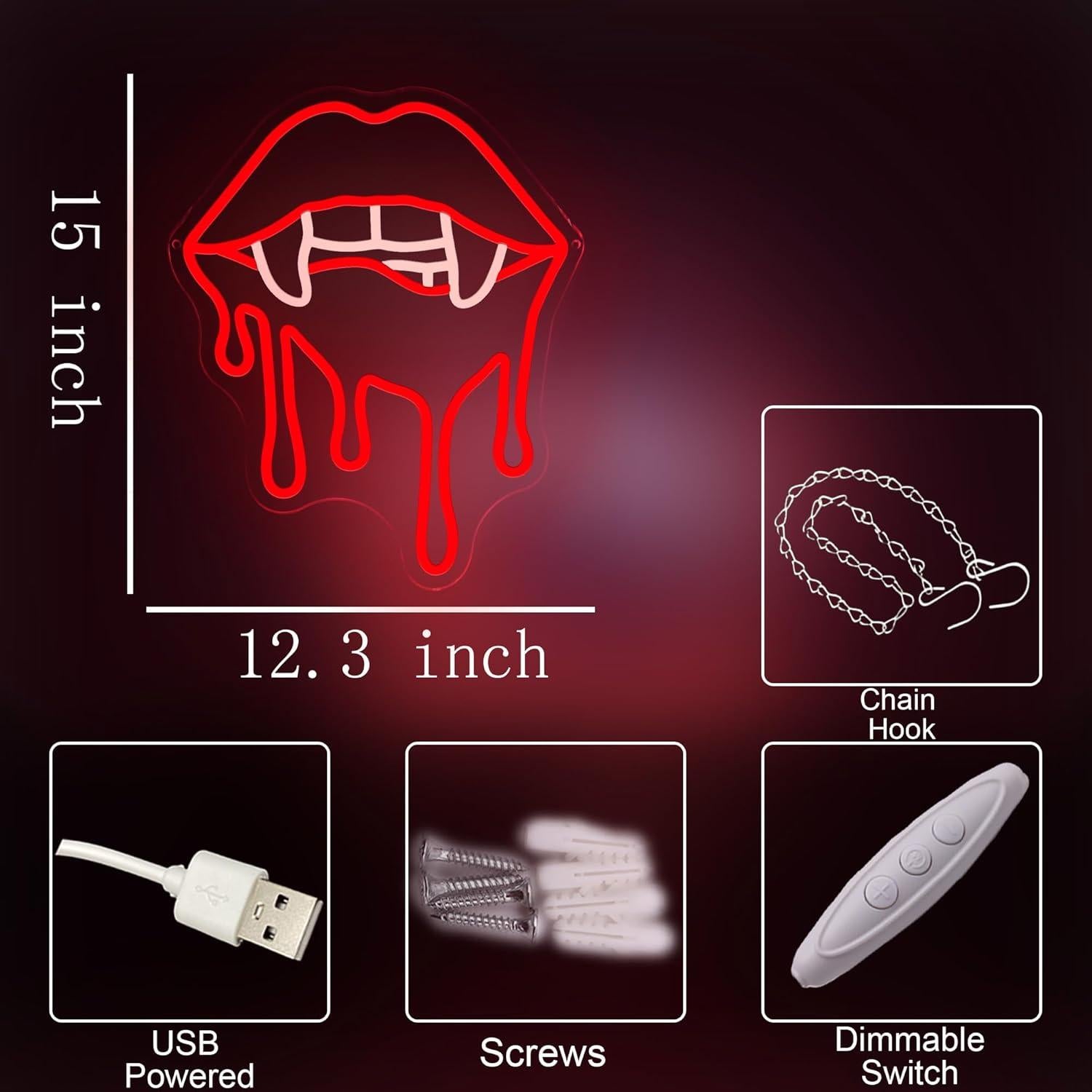 Señal de Neón Labios de Vampiro ASONGLIFE 31.2x38.1cm LED Rojo