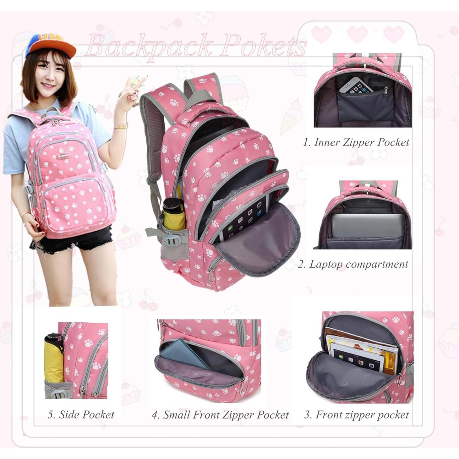 Mochila Escolar para Niñas VIDOSCLA con Huellas de Perro 18L