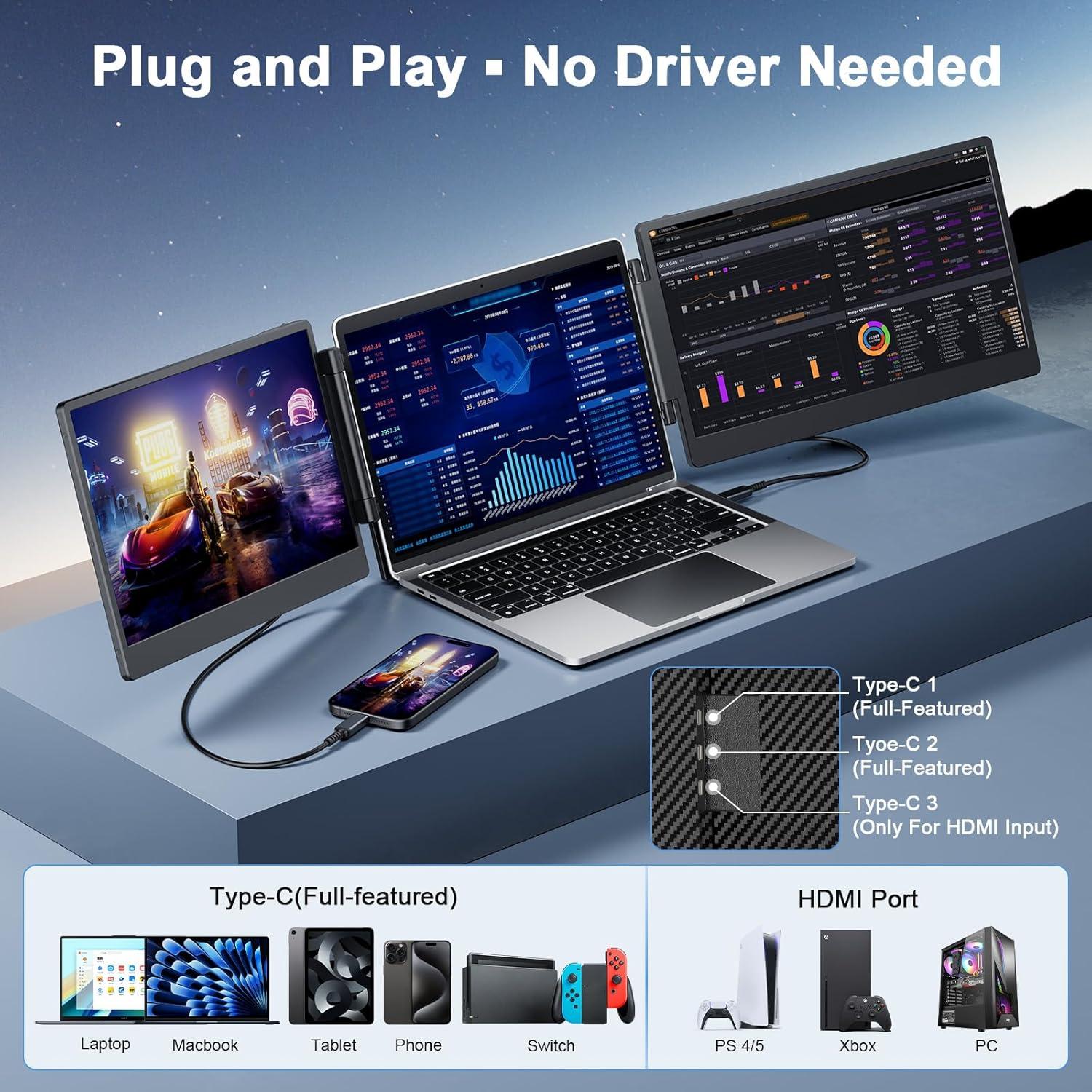 Monitor Portátil Triple Laptomo 14" FHD 1080P IPS USB-C