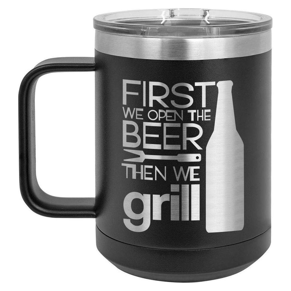 Grill Things BLACK 15 oz Coffee Cup w/Slide Top Lid | Insulated Travel Coffee Mug | BBQ & Grilling Gift Idea For Men Who Have Everything, Dad & Grandpa | Compare To Yeti Rambler | ONLYGIFTS.COM